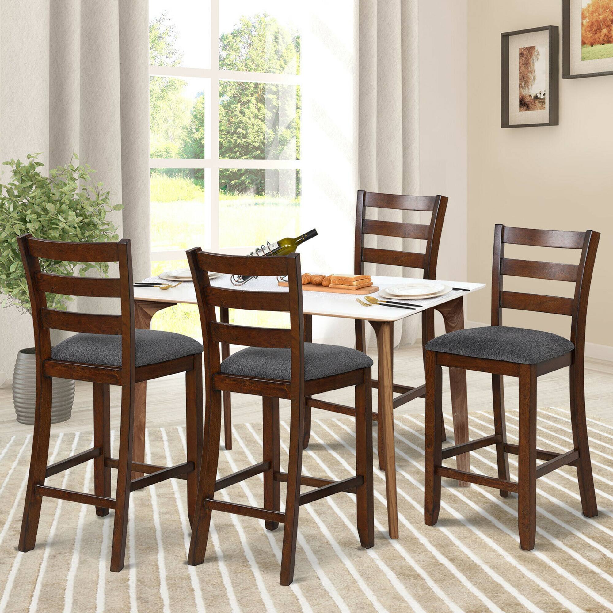 Alt View 1. Costway - Costway Set of 4 Barstools Counter Height Chairs w/Fabric Seat & Rubber Wood Legs - Grey,Brown.