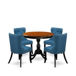 East West Furniture - 5-Piece Dining Table Set Contains a Mid Century Dining Table and 4 Blue Linen Fabric Midcentury - Multi-Color