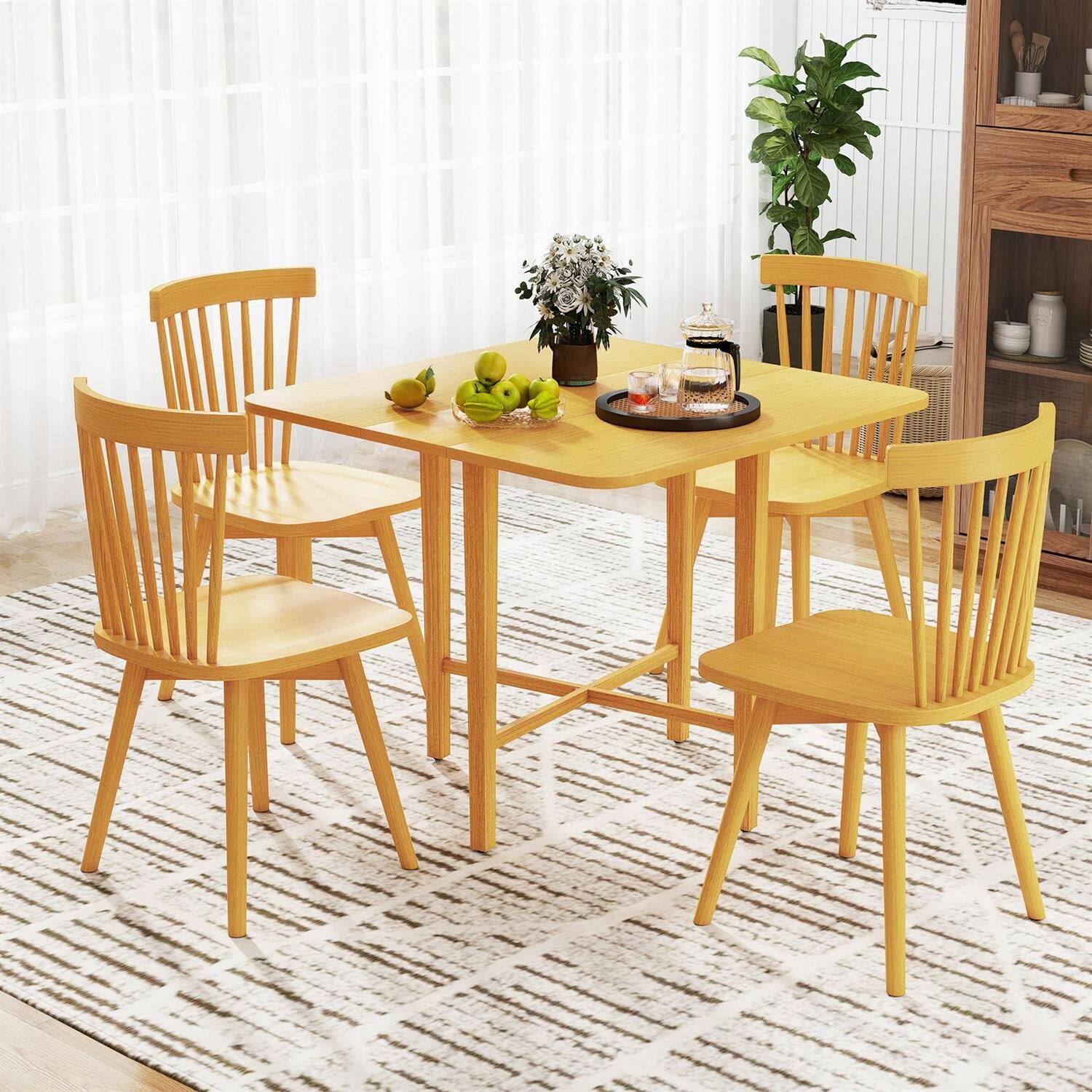 Alt View 1. Pefilos - Foldable Dining Table,2 Drop-Leaf Panels Rubber Wood Legs,X-Base,Natural - Brown.