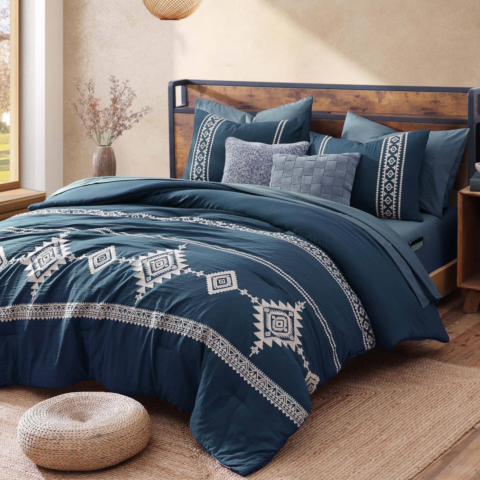 Dapper Styles - Embroidery Comforter Set Boho Farmhouse Western Bedding All Season Bed In A Bag With Sheets Pillowcases Shams - Navy-King 7 Piece