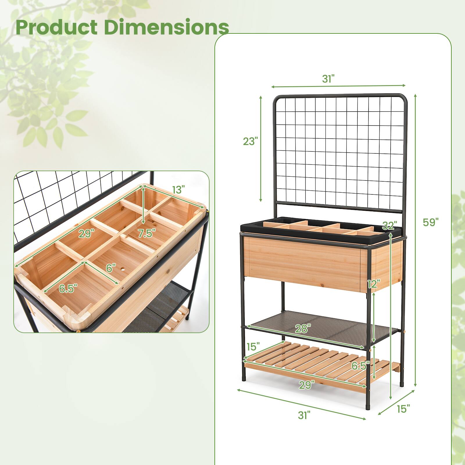 Product Dimensions: 31" x 23" x 13" x 29" x 7.5" x 32" x 59" x 6.5" x 6" x 12" x 15" x 28" x 29" x 6.5" x 31" x 15"
