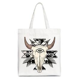 OrnamentallyYou - Aztec Tribal Bull Skull Canvas Tote Bag, Western Boho Gift Shopper - White