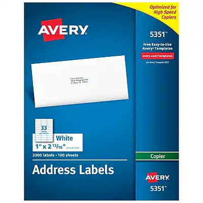 AVERY
Optimized for High Speed Copiers
5351
Free Easy-to-Use Avery Templates
avery.com/templates
33 White
1" x 2 13/16" (actual size)
3300 labels - 100 sheets
Address Labels
Copier
AVERY
5351