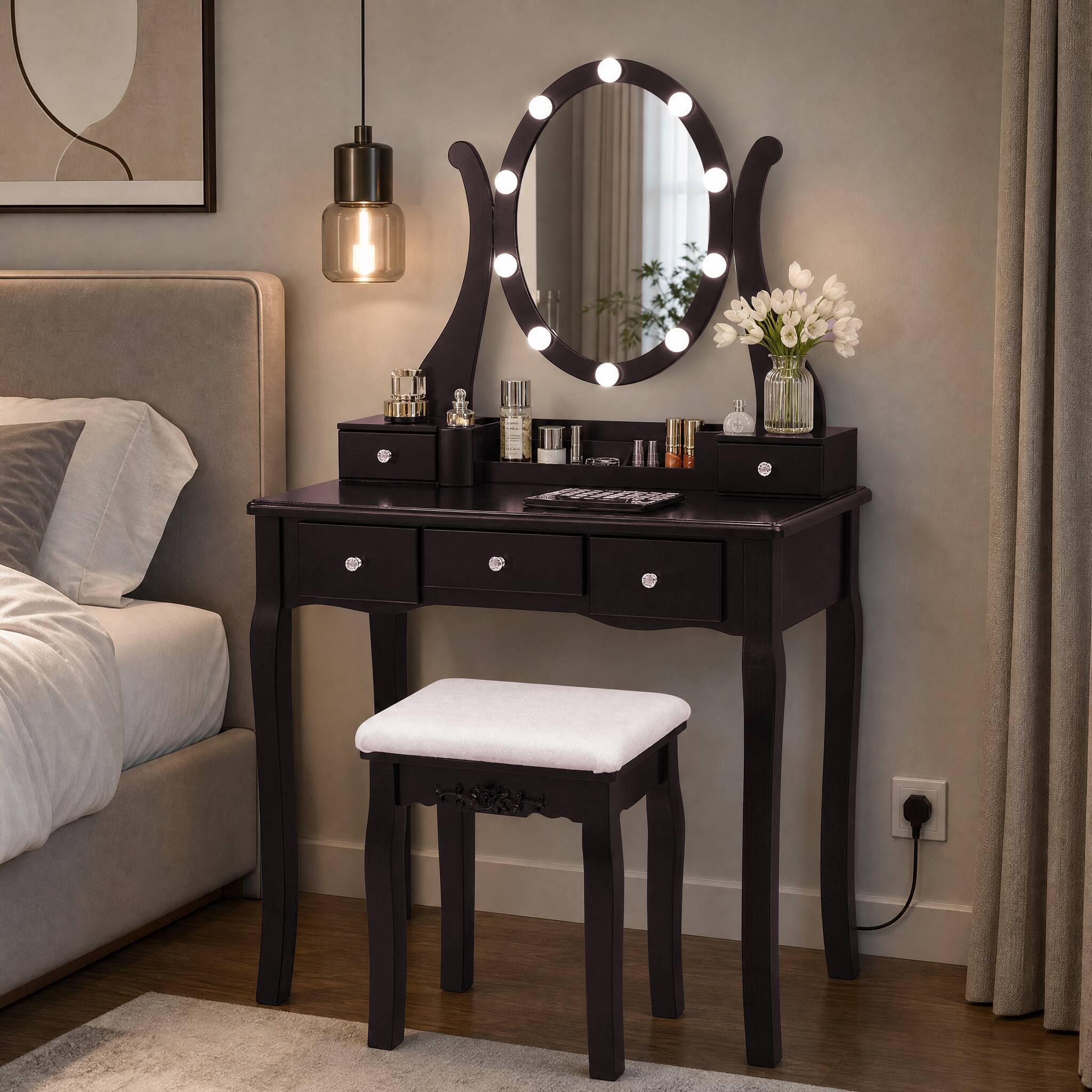 Angle. WELLFOR - Makeup Vanity Table Set with 360° Rotatable Oval Mirror, 5 Drawers, Dressing Table with Padded Stool for Bedroom - Coffee.