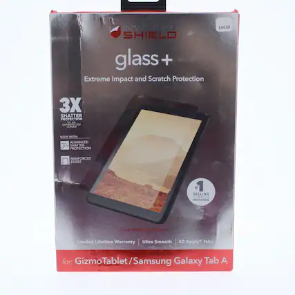 INVISBLE SHIELD glass+ + Extreme Impact and Scratch Protection $44.99 3X SHATTER PROTECTION YIAN UNPROTECTED SCRIAN NOW WITH: 46 ADVANCED SHATTER PROTECTION REINFORCED EDGES 1 SELLING SCREEN PROTECTION CASE-FRIENDLY-COVERAGE Limited Lifetime Warranty | Ultra Smooth EZ Apply Tabs for: GizmoTablet/Samsung Gizmo Galaxy Tab A