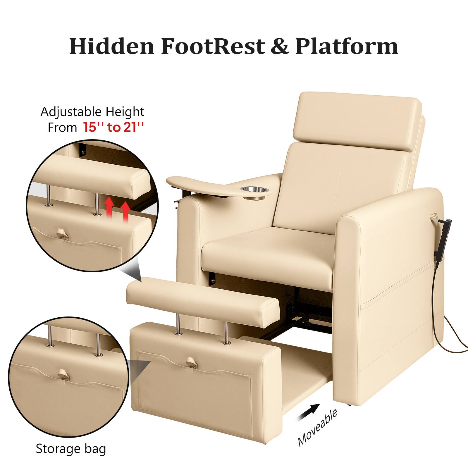 Hidden FootRest & Platform  
Adjustable Height From 15" to 21"  
Storage bag  
Moveable