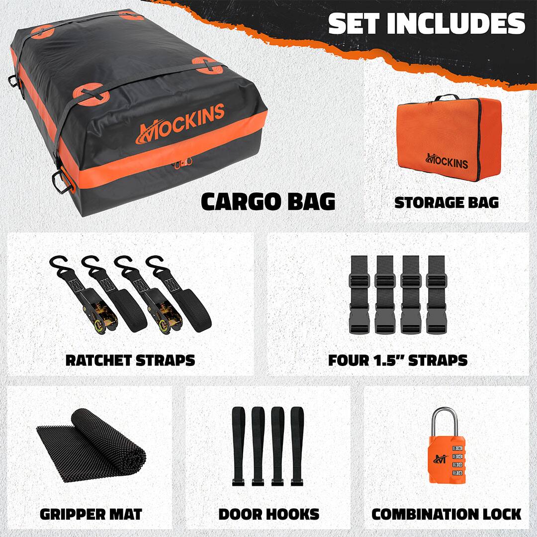 SET INCLUDES  
- CARGO BAG  
- STORAGE BAG  
- RATCHET STRAPS  
- FOUR 1.5" STRAPS  
- GRIPPER MAT  
- DOOR HOOKS  
- COMBINATION LOCK
