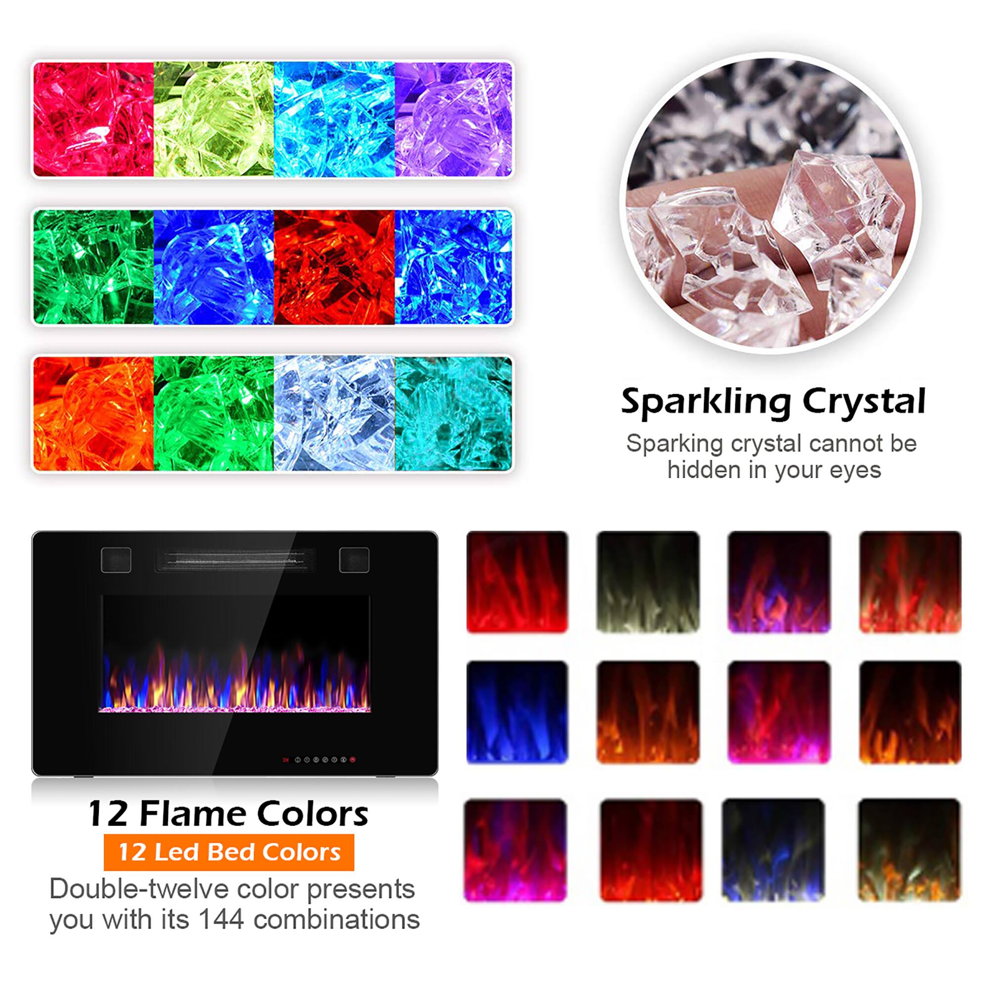 Sparkling Crystal  
Sparkling crystal cannot be hidden in your eyes  

12 Flame Colors  
12 Led Bed Colors  
Double-twelve color presents you with its 144 combinations