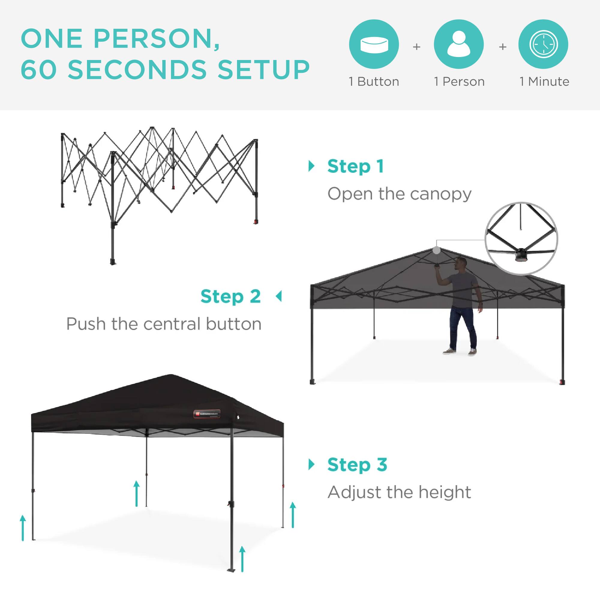 ONE PERSON, 60 SECONDS SETUP

1 Button + 1 Person + 1 Minute

Step 1
Open the canopy

Step 2
Push the central button

Step 3
Adjust the height