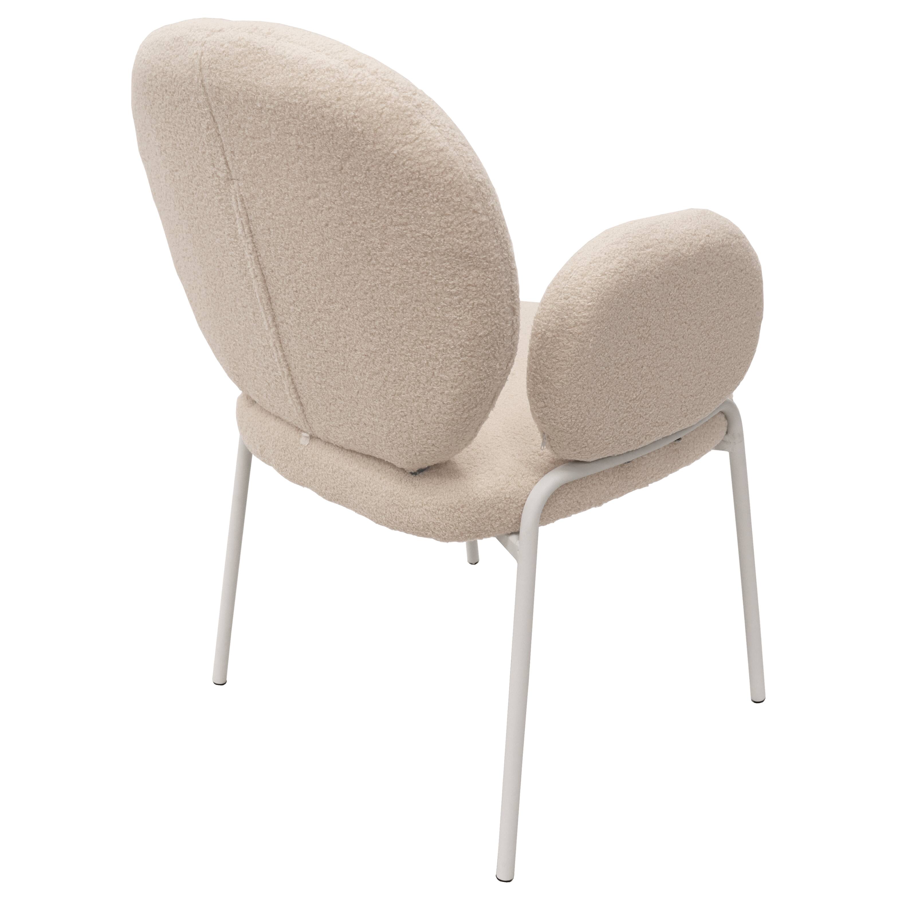 Alt View 2. LeisureMod - Celestial Modern Boucle Dining Chair with Arms, Textured Fabric Upholstered Armchair - White Metal Frame Kitchen Chair - White.