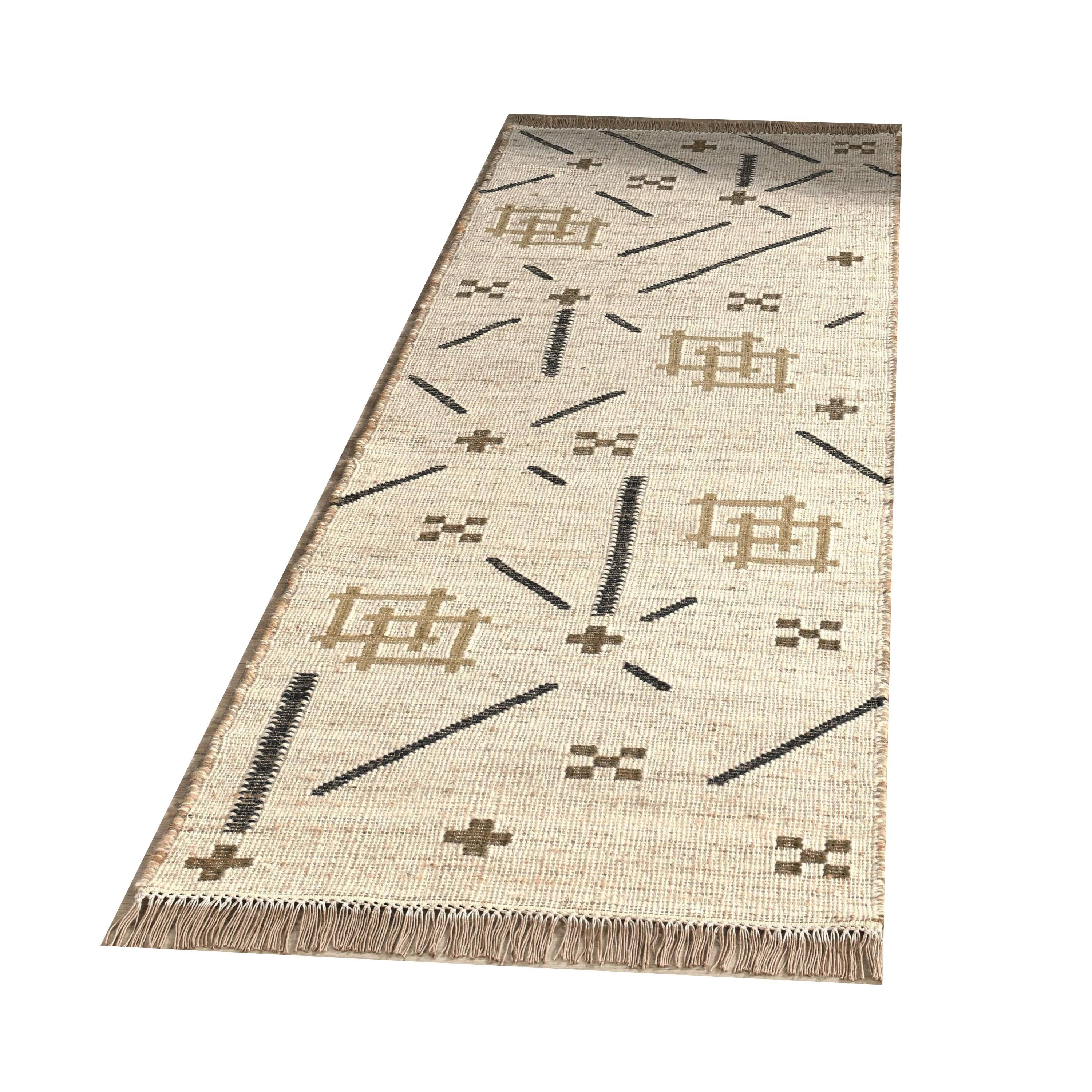 Back. Manhattan Lane - Hallway Runner Rug, Handwoven Traditional Tassels - Ivory, Black, Yellow.