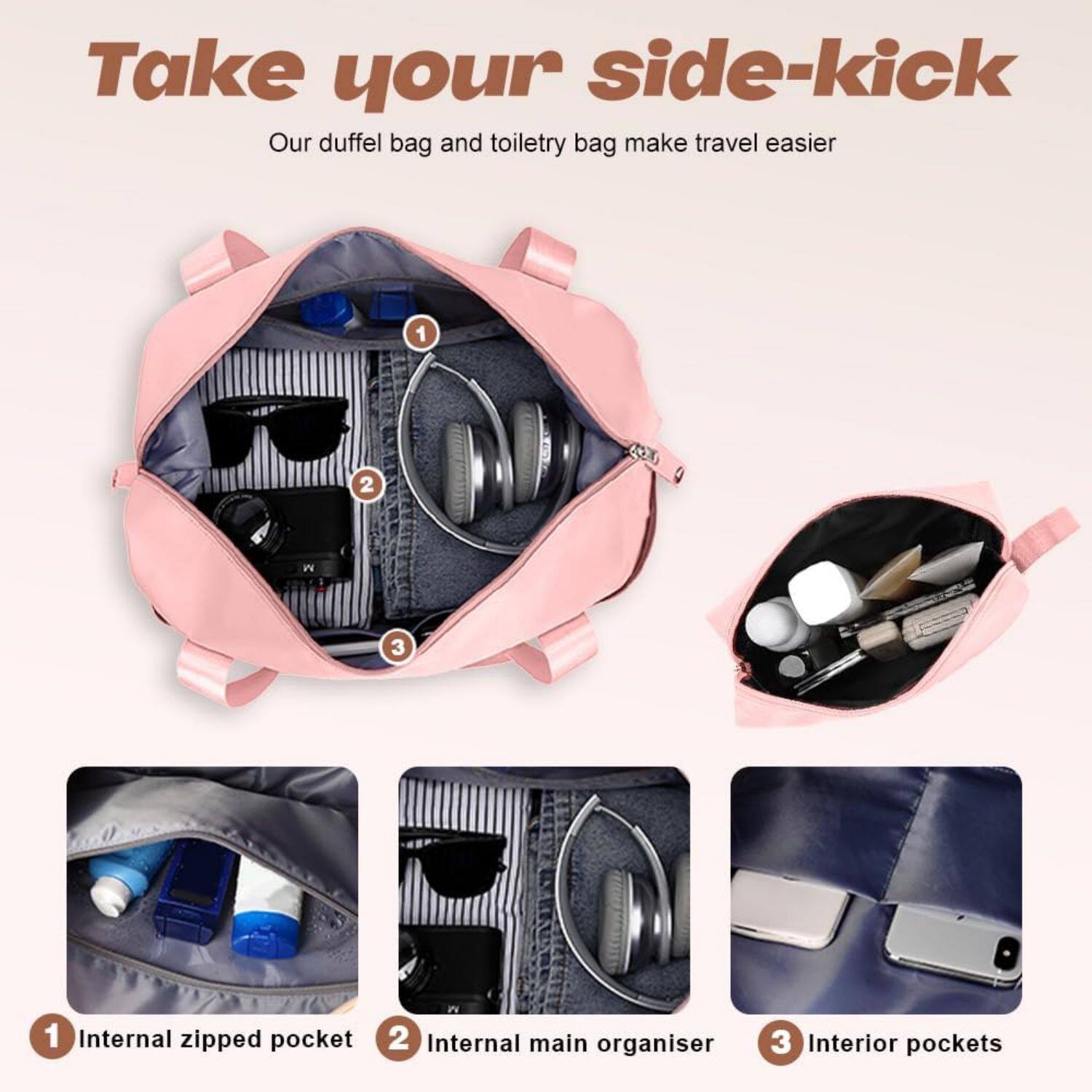 Take your side-kick

Our duffel bag and toiletry bag make travel easier

1. Internal zipped pocket
2. Internal main organiser
3. Interior pockets