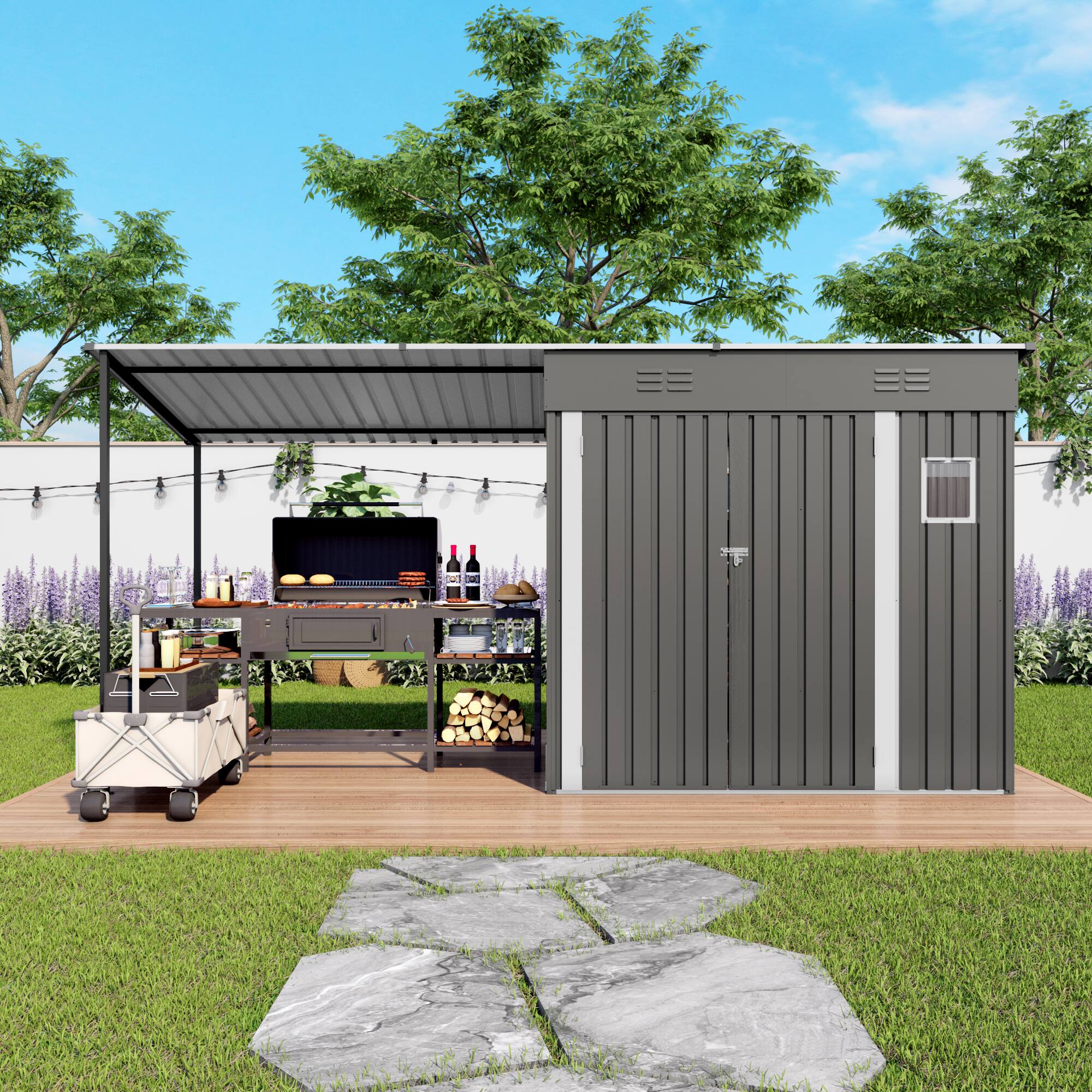 Alt View 10. Loheer - Loheer 12x4ft Metal Lean to Shed with Pergola and Attached Hardtop Gazebo Combo.