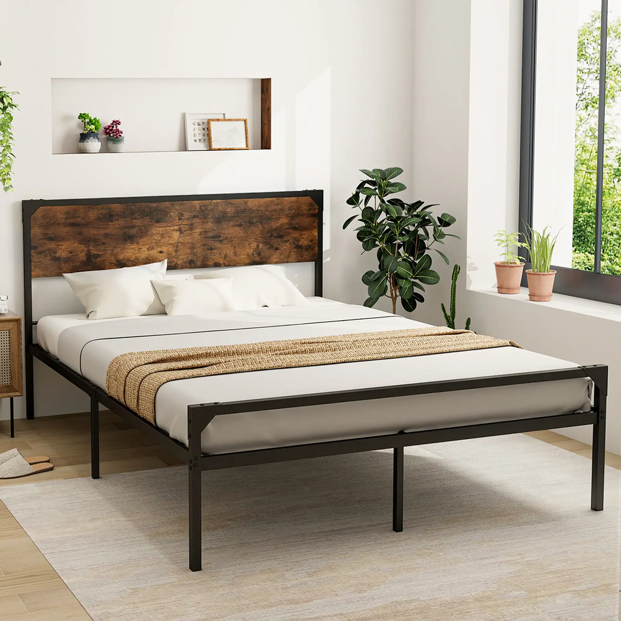 Alt View 1. Costway - Costway Platform Queen Bed with Rustic Headboard & Footboard Strong Metal Slat Support - Rustic Brown,Black.