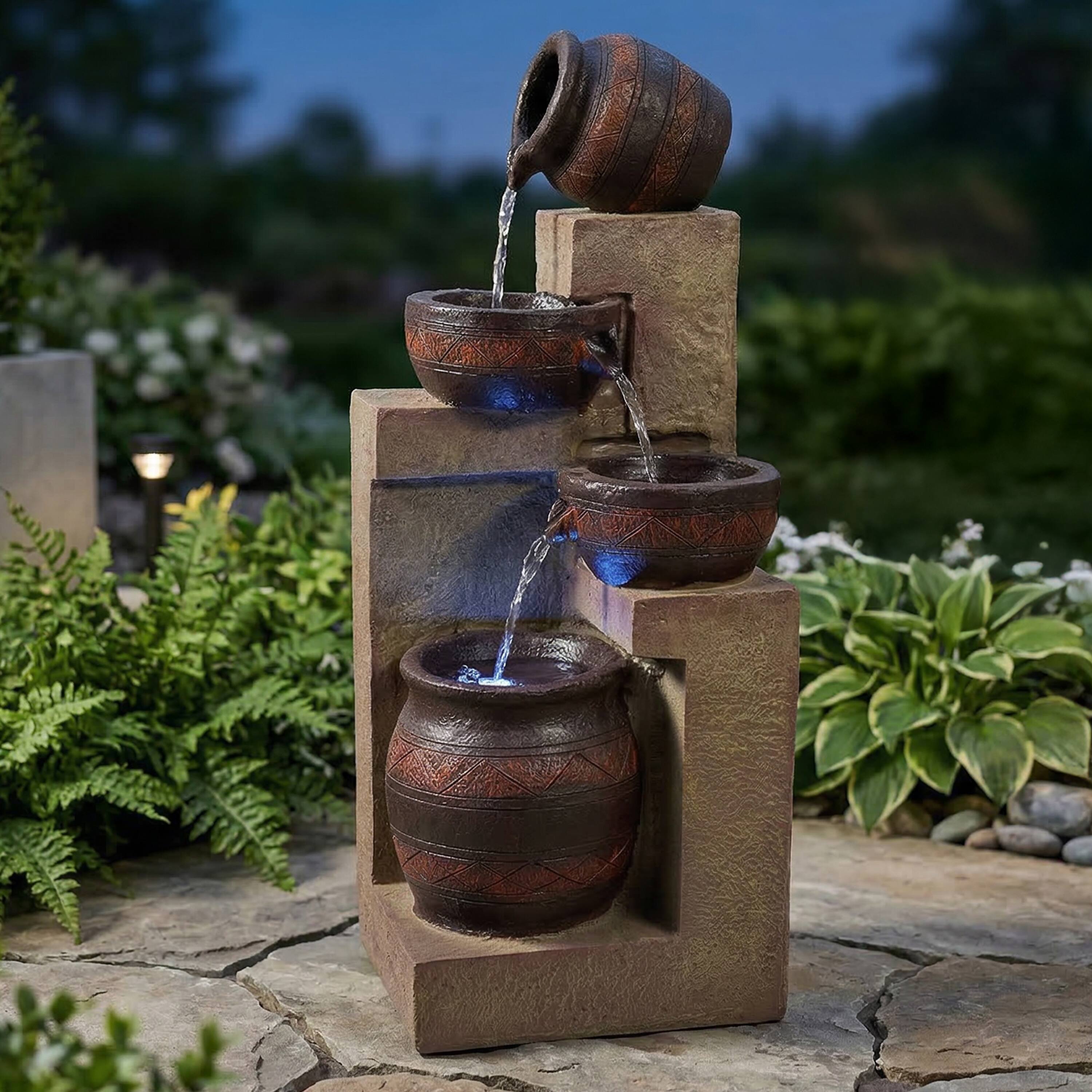 Alt View 9. Sunnydaze - Cascading Terra Bowl Solar Water Fountain with LED Lights - 30 in - Brown.