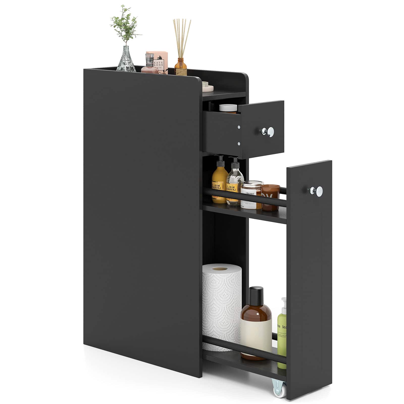 Gymax - Small Bathroom Storage Cabinet 4-Tier Narrow Toilet Side Storage Cabinet - Black