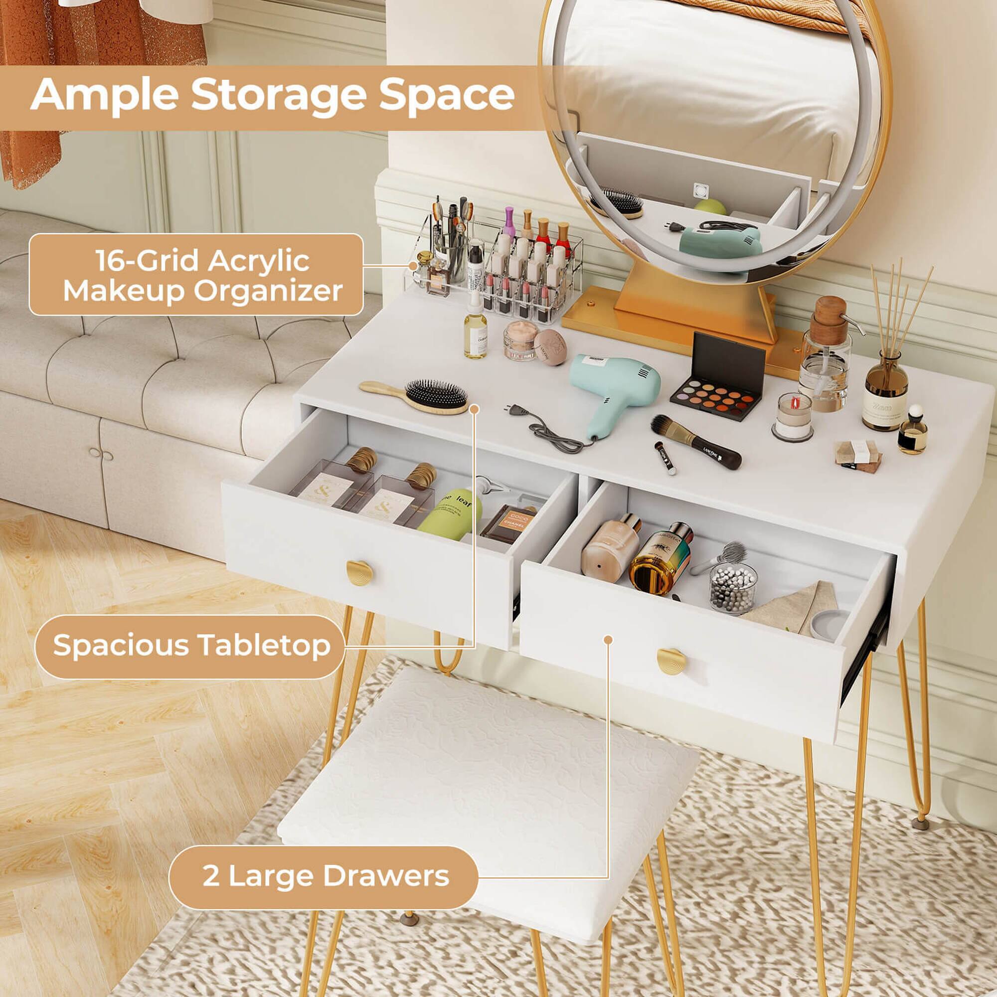 Ample Storage Space

16-Grid Acrylic Makeup Organizer

Spacious Tabletop

2 Large Drawers