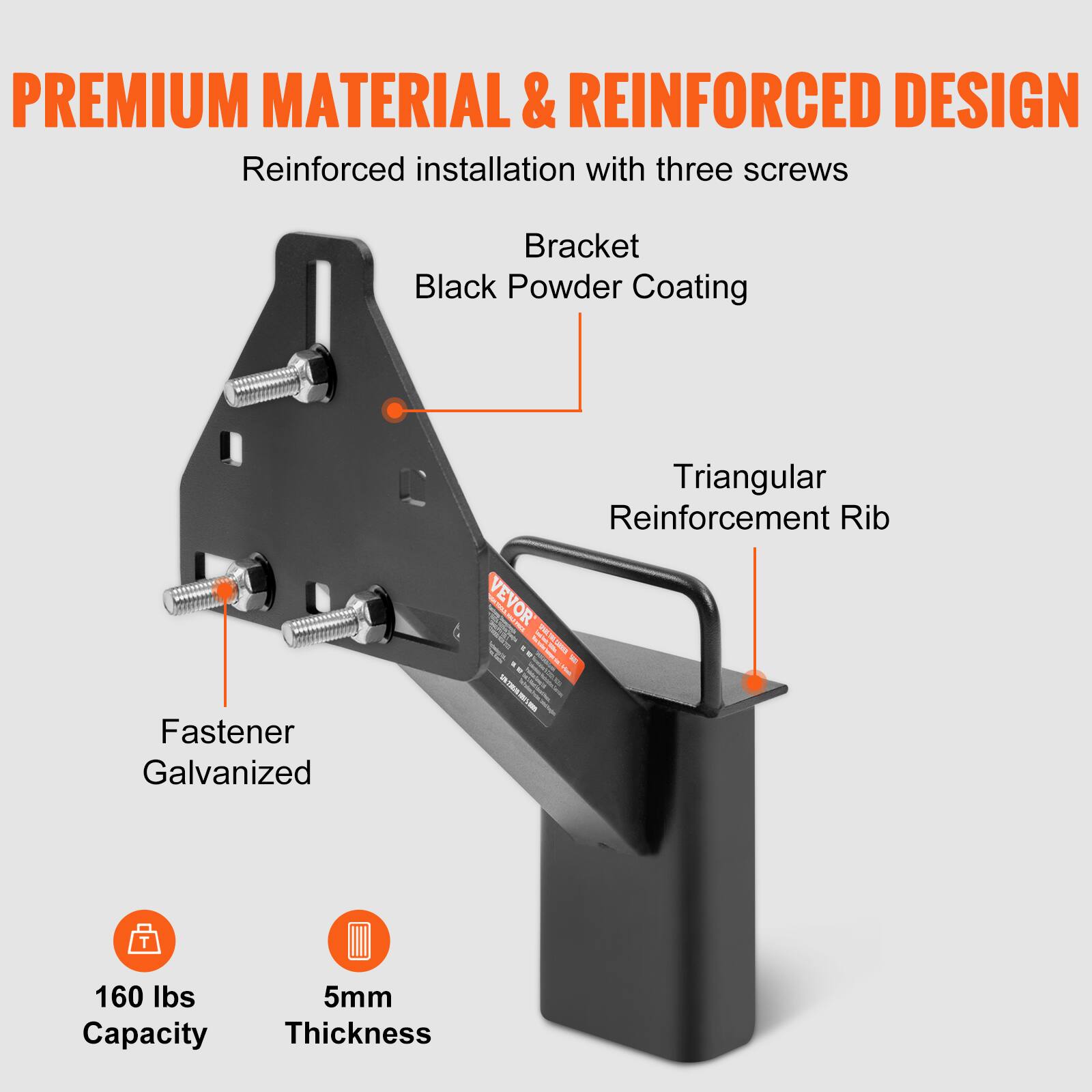 PREMIUM MATERIAL & REINFORCED DESIGN

- Reinforced installation with three screws
- Bracket
- Black Powder Coating
- Triangular Reinforcement Rib
- Fastener Galvanized

160 lbs Capacity  
5mm Thickness