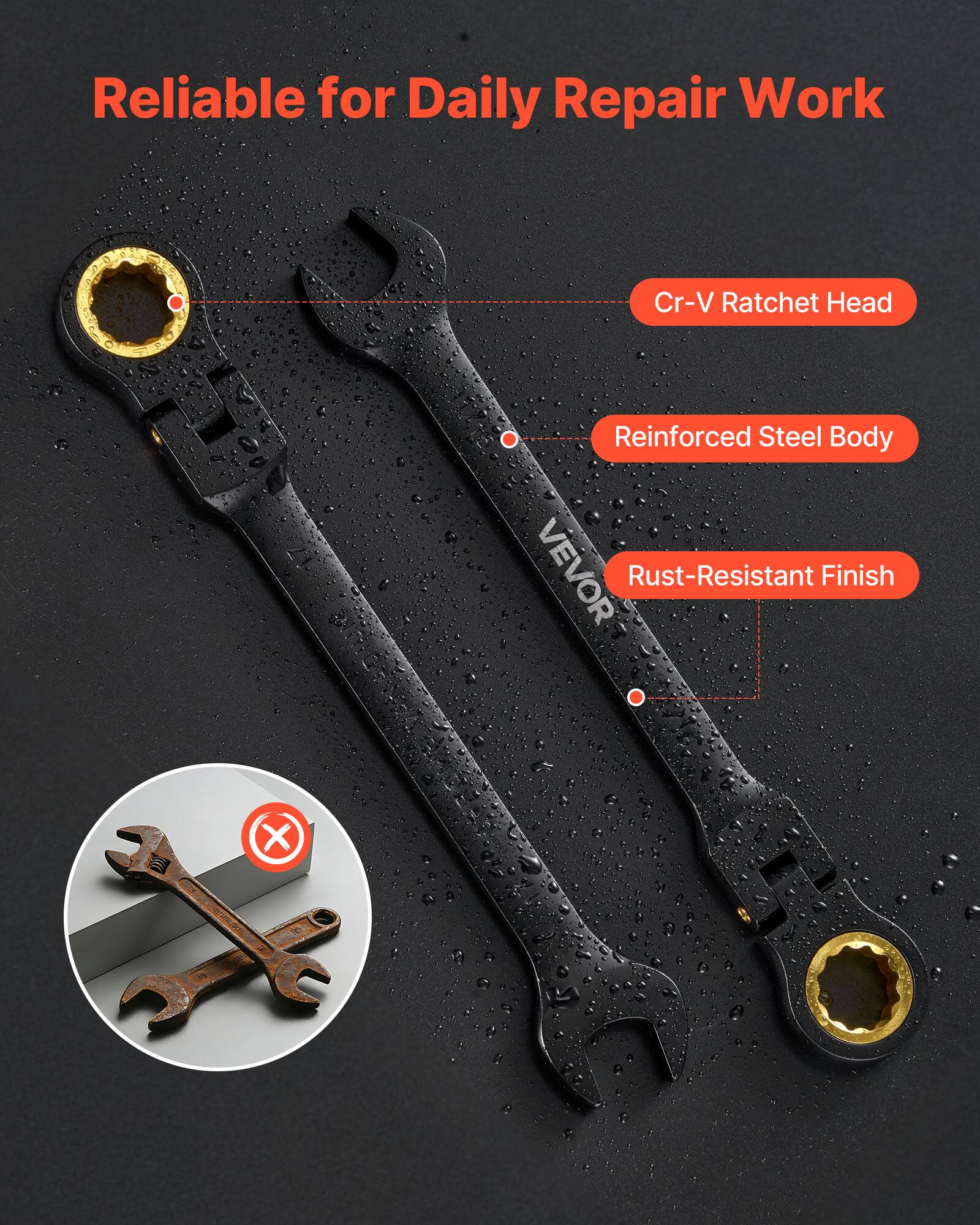 Reliable for Daily Repair Work

Cr-V Ratchet Head  
Reinforced Steel Body  
Rust-Resistant Finish