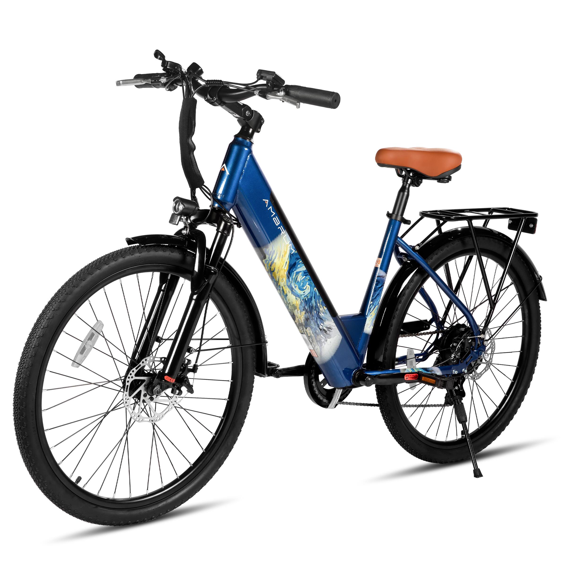 Back. HILAND - ‌Ambrum 26" Electric Bike for Adults, City Commuter E-Bike, 500W Motor, 36V 10.4AH Battery, Starrt Night Painting - Blue.