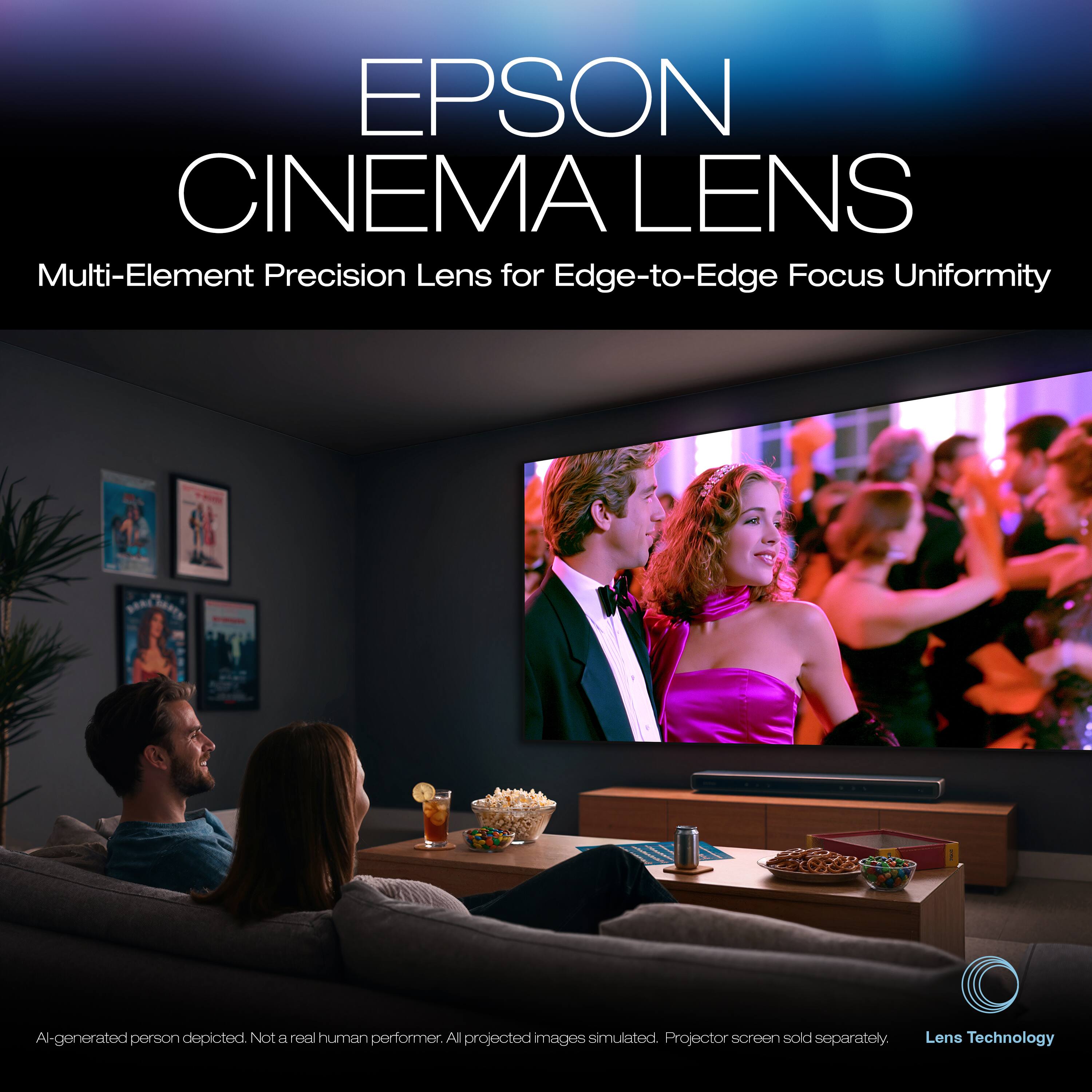EPSON CINEMA LENS  
Multi-Element Precision Lens for Edge-to-Edge Focus Uniformity

AI-generated person depicted. Not a real human performer. All projected images simulated. Projector screen sold separately.

Lens Technology