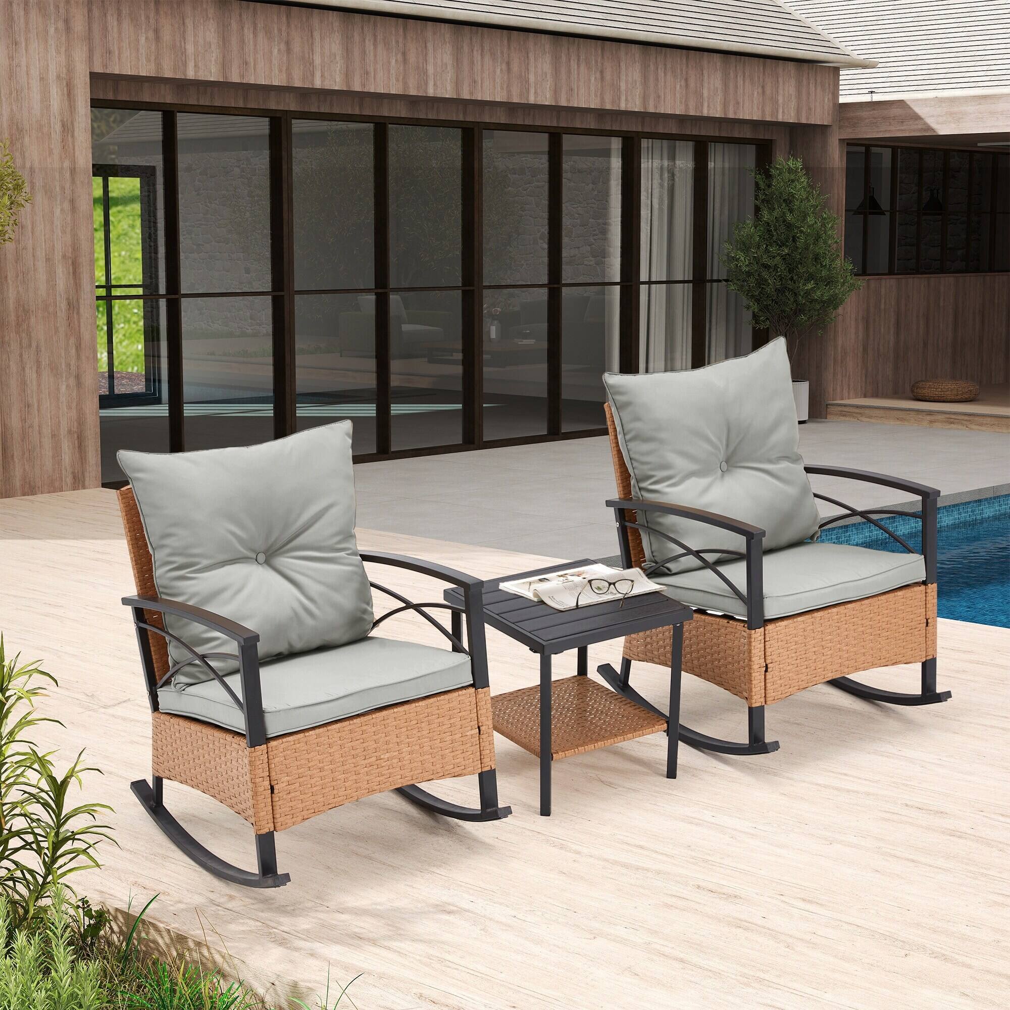 Alt View 5. U-HOMY - 3-Piece Outdoor Rocking Chair Set with Cushions & Coffee Table, Metal Frame Patio Furniture with PE Rattan - Grey.