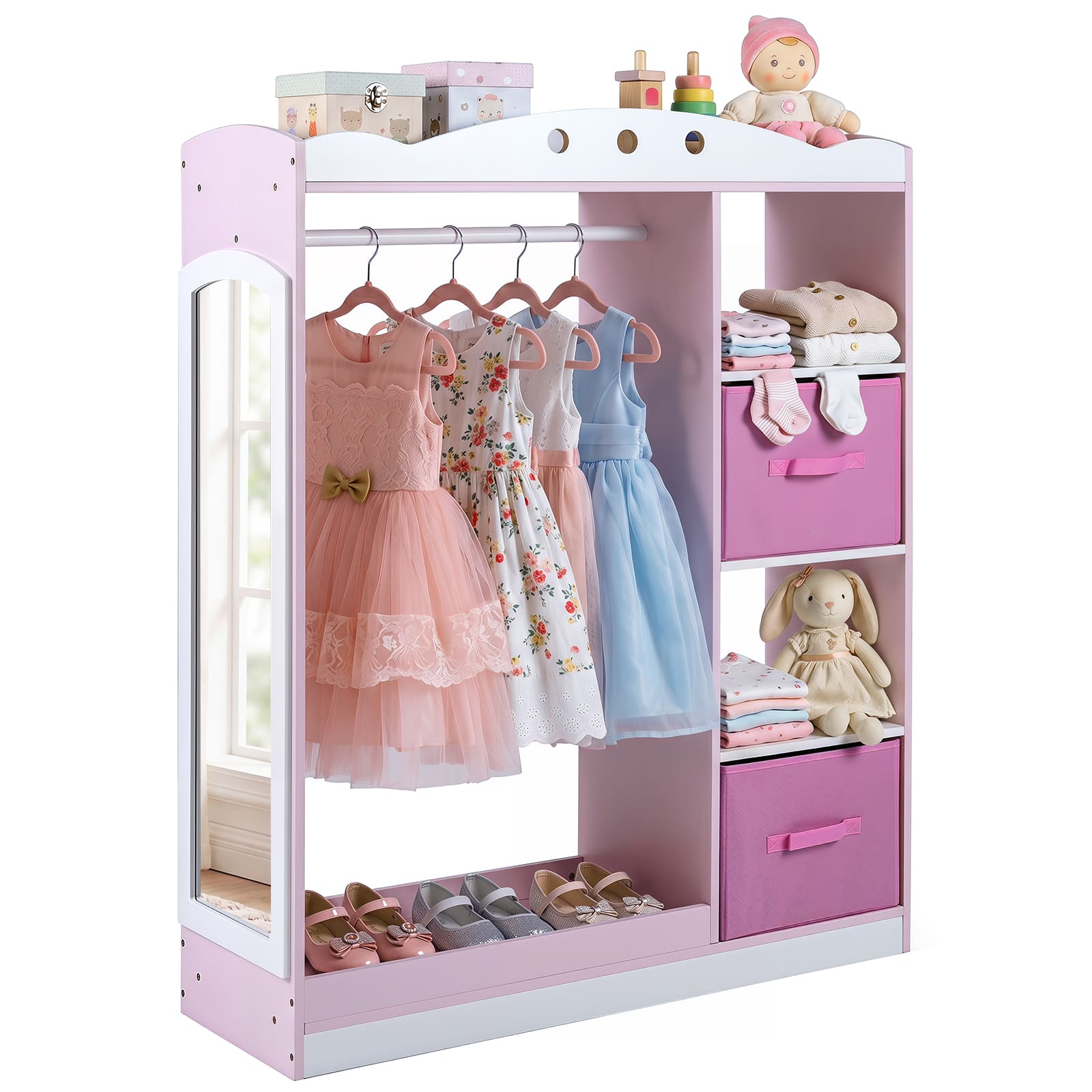 Costway - Kids Dress Up Storage with Full Length Mirror, Open Shelves, Hanging Rod & Drawers - Pink