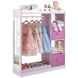 Costway - Kids Dress Up Storage with Full Length Mirror, Open Shelves, Hanging Rod & Drawers - Pink