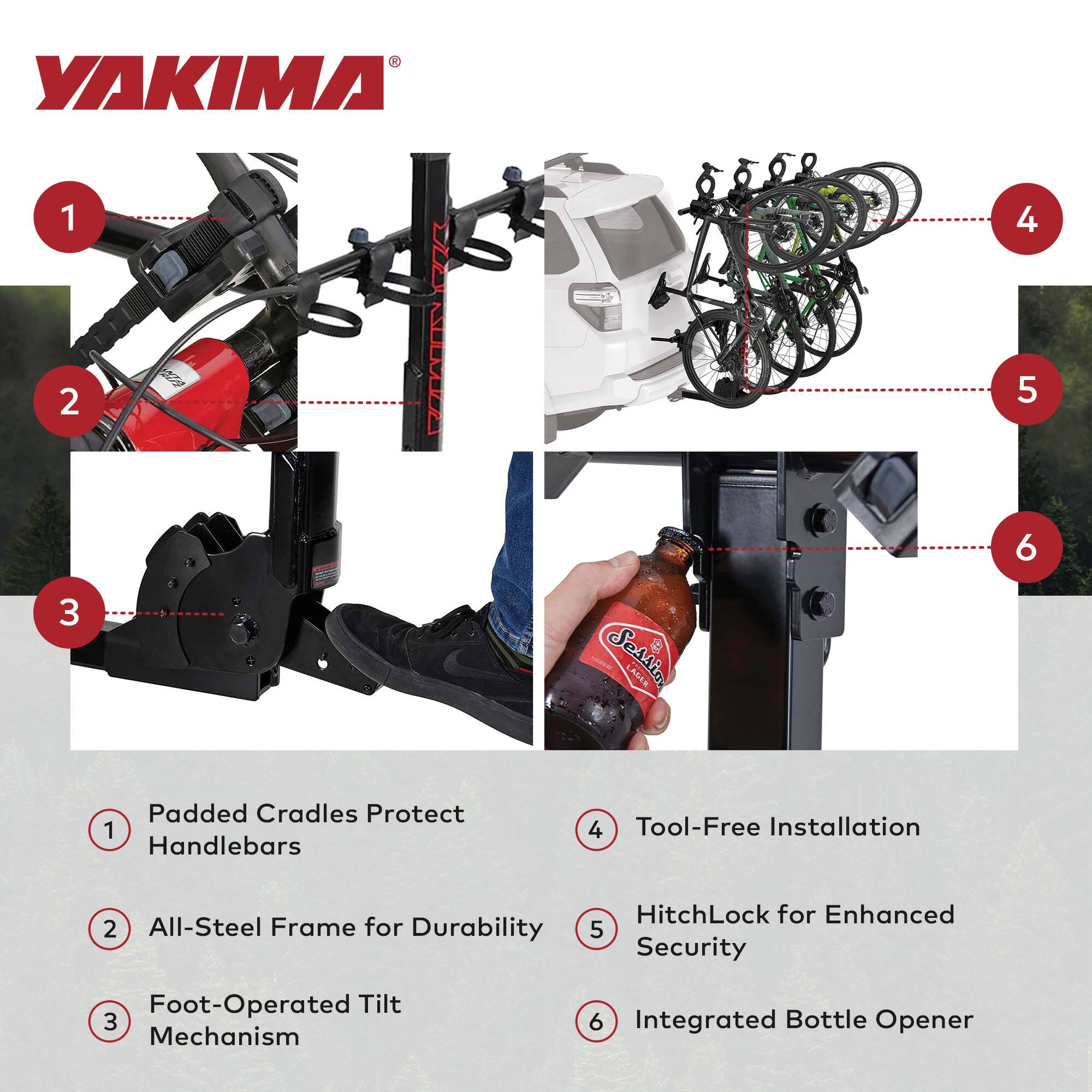 YAKIMA 1 2 UC WOMNC 4 5 6 3 JE Sessig LALLS Padded Cradles Protect 1 Handlebars 4 Tool-Free Installation 2 All-Steel Frame for Durability HitchLock for Enhanced 5 Security Foot-Operated Tilt 3 Mechanism 6 Integrated Bottle Opener