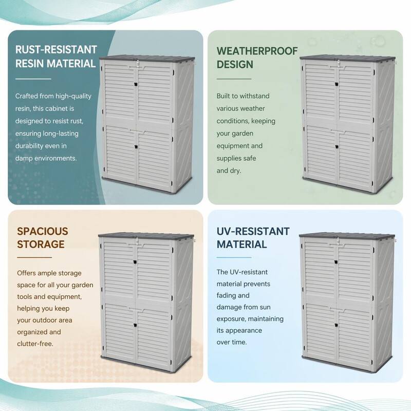 RUST-RESISTANT RESIN MATERIAL  
Crafted from high-quality resin, this cabinet is designed to resist rust, ensuring long-lasting durability even in damp environments.

WEATHERPROOF DESIGN  
Built to withstand various weather conditions, keeping your garden equipment and supplies safe and dry.

SPACIOUS STORAGE  
Offers ample storage space for all your garden tools and equipment, helping you keep your outdoor area organized and clutter-free.

UV-RESISTANT MATERIAL  
The UV-resistant material prevents fading and damage from sun exposure, maintaining its appearance over time.