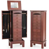 Costway - Wood Jewelry Cabinet Armoire Storage Box Chest Stand Organizer Indoor Bedroom - Brown - Front_Zoom