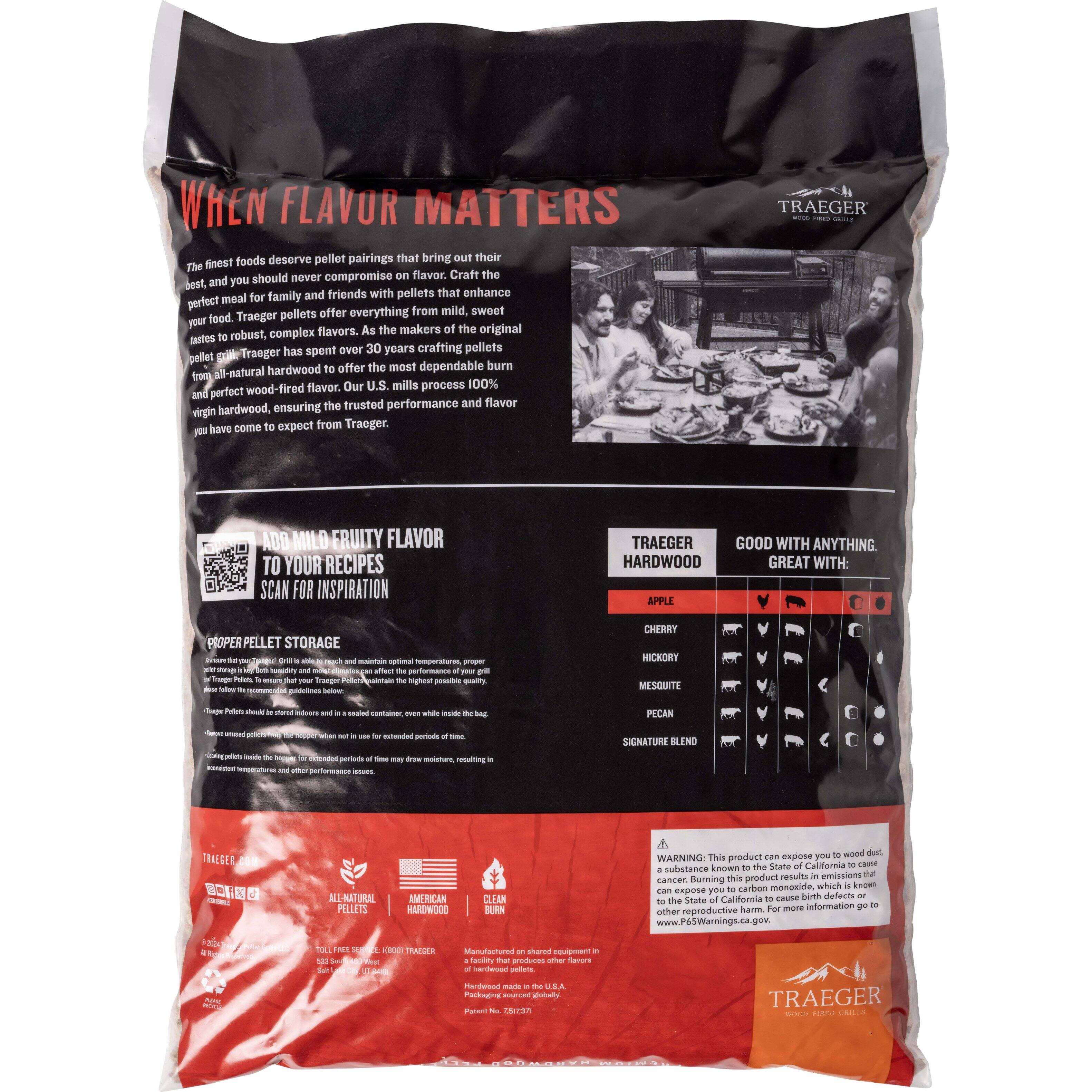 When Flavor Matters, foods deserve pellet pairings that bring out their finest qualities. Craft the best meals for your family and friends with pellets that enhance the flavor of mild to sweet foods. Traeger pellets offer the original complex flavors that have made Traeger the trusted name in wood-fired grilling for over 30 years. Our U.S. mills process 100% virgin hardwood, ensuring the perfect burn and flavor you have come to expect from Traeger. Traeger Aromatic Oak Mild Fruity Flavor is a versatile addition to your recipes. Scan the QR code for inspiration and discover how Traeger Hardwood Apple flavor pairs well with any dish. Store your pellets properly to maintain their freshness and performance.