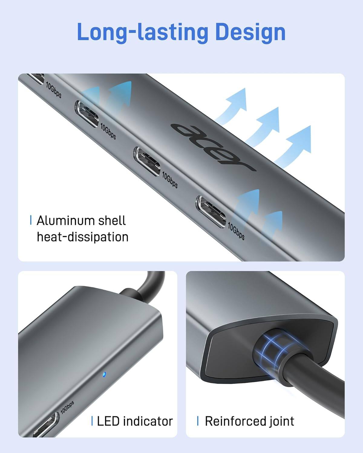 Long-lasting Design

- Aluminum shell heat-dissipation
- LED indicator
- Reinforced joint