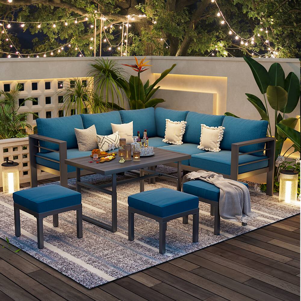 Left. Mondawe - 7-Piece Aluminum Corner Seating Set with Adjustable Lift Table and Cushions - Blue+Black.
