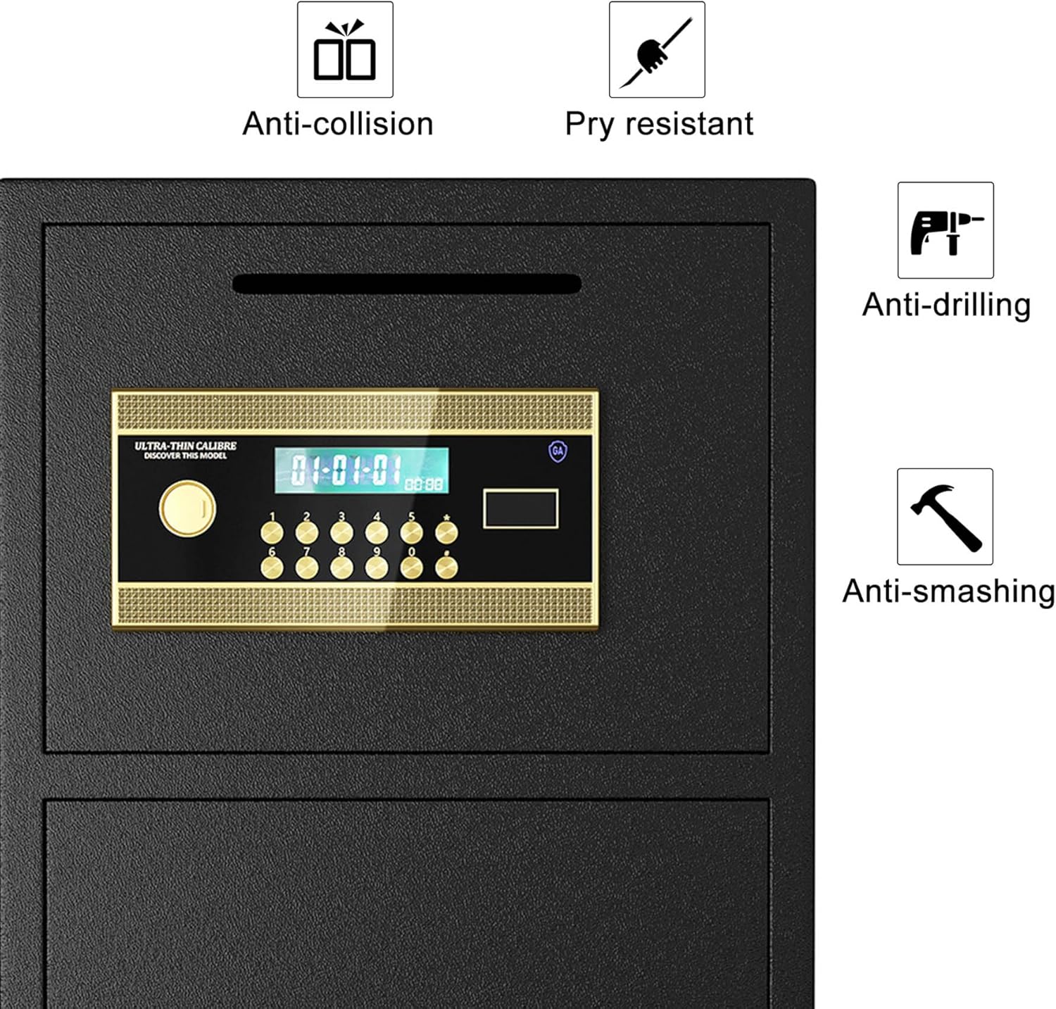 Anti-collision  
Pry resistant  
Anti-drilling  
Anti-smashing  

ULTRA-THIN CALIBRE  
DISCOVER THIS MODEL  

01-01-01  
08:08  

1 2 3  
4 5 6  
7 8 9  
0 * #