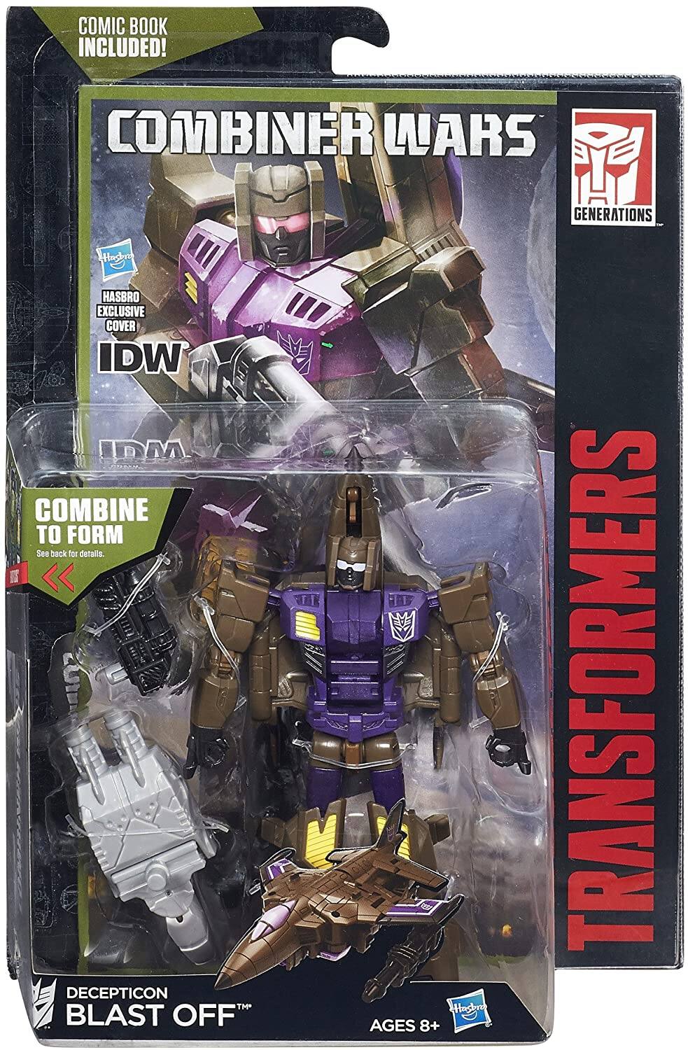 COMIC BOOK INCLUDED!  
COMBINER WARS GENERATIONS  
HASBRO EXCLUSIVE COVER  
IDW  
TRANSFORMERS  
DECEPTICON BLAST OFF™  
AGES 8+  

COMBINE TO FORM  
See back for details.