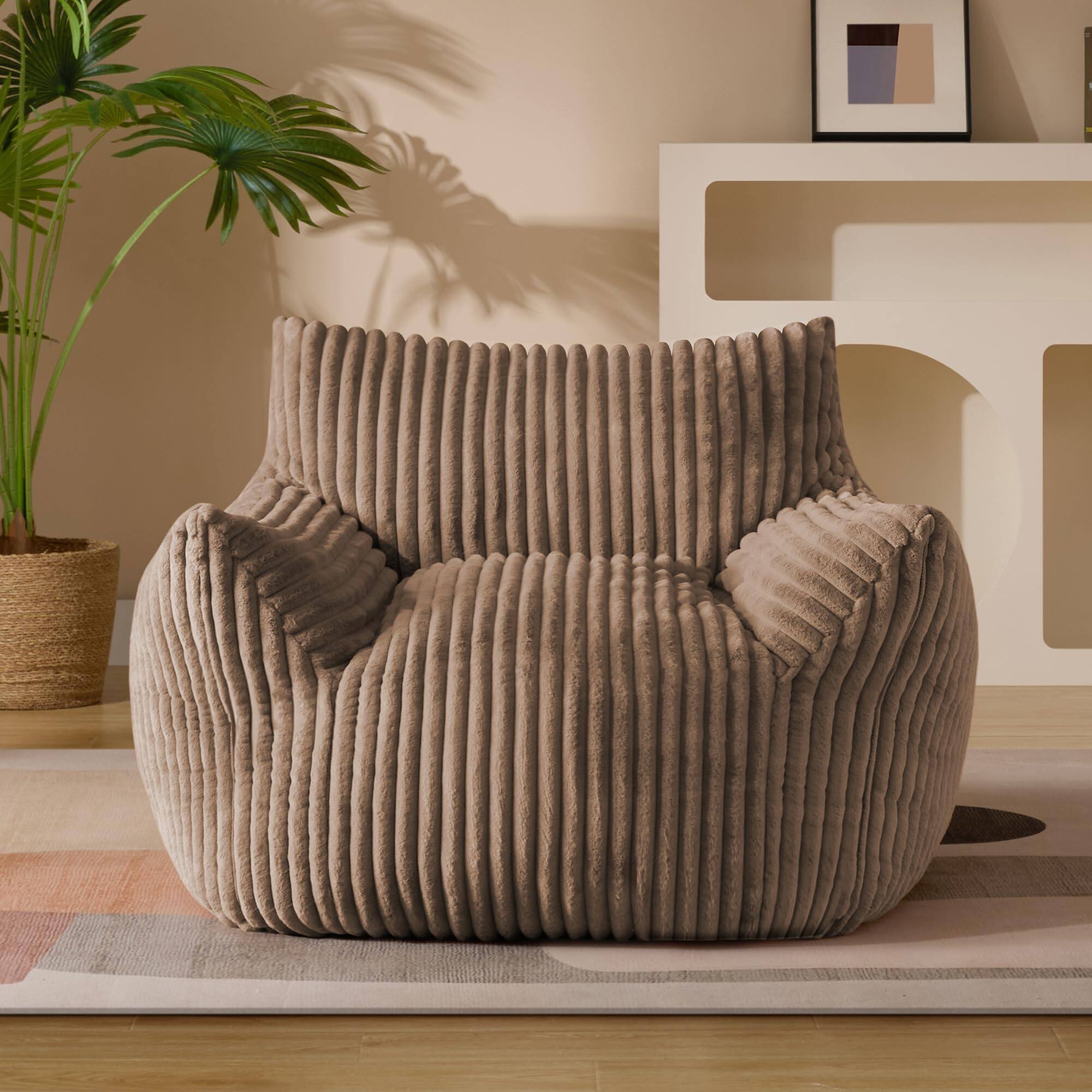 Front. Fabibe - Giant Plush Bean Bag Chair for Adults with Armrests - Oversized Comfy Grey Beanbag Lounge Lazy Floor Sofa Accent Chair f - Khaki XL Sofa Chair.
