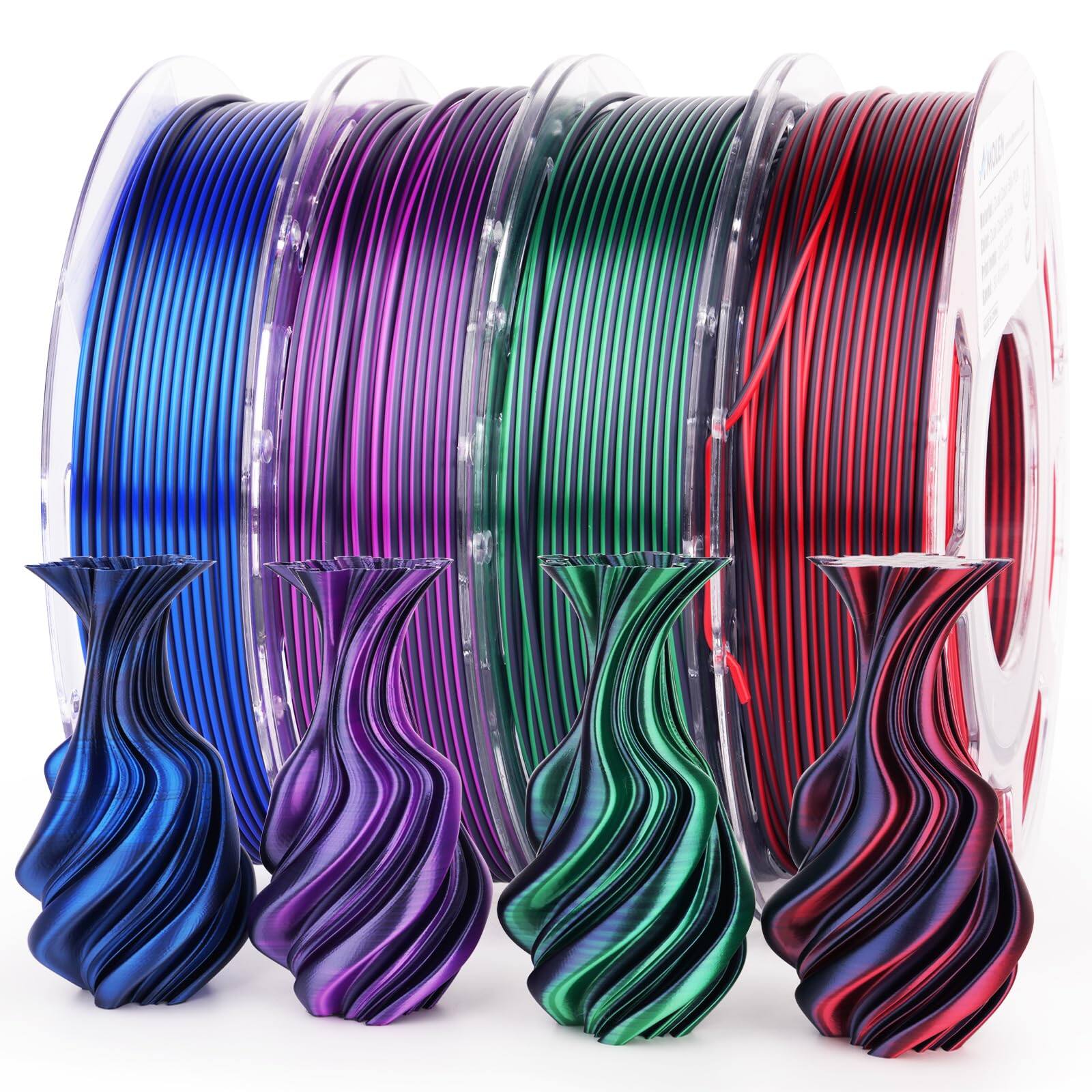 Front. GlowWise - 4-Spool Silk PLA Bundle, 1.75mm/200g each. Shiny dual-color Black Series. Fits most FDM printers..