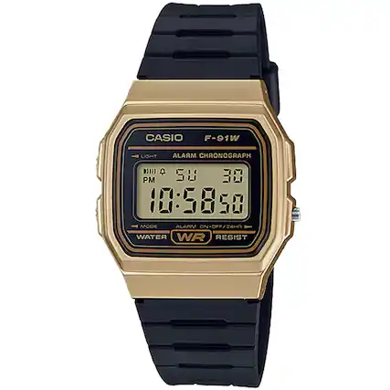 CASIO F-91W
LIGHT ALARM CHRONOGRAPH
PM 50 30
10:58 50
ALARM ON/OFF 24HR
WATER WR RESIST