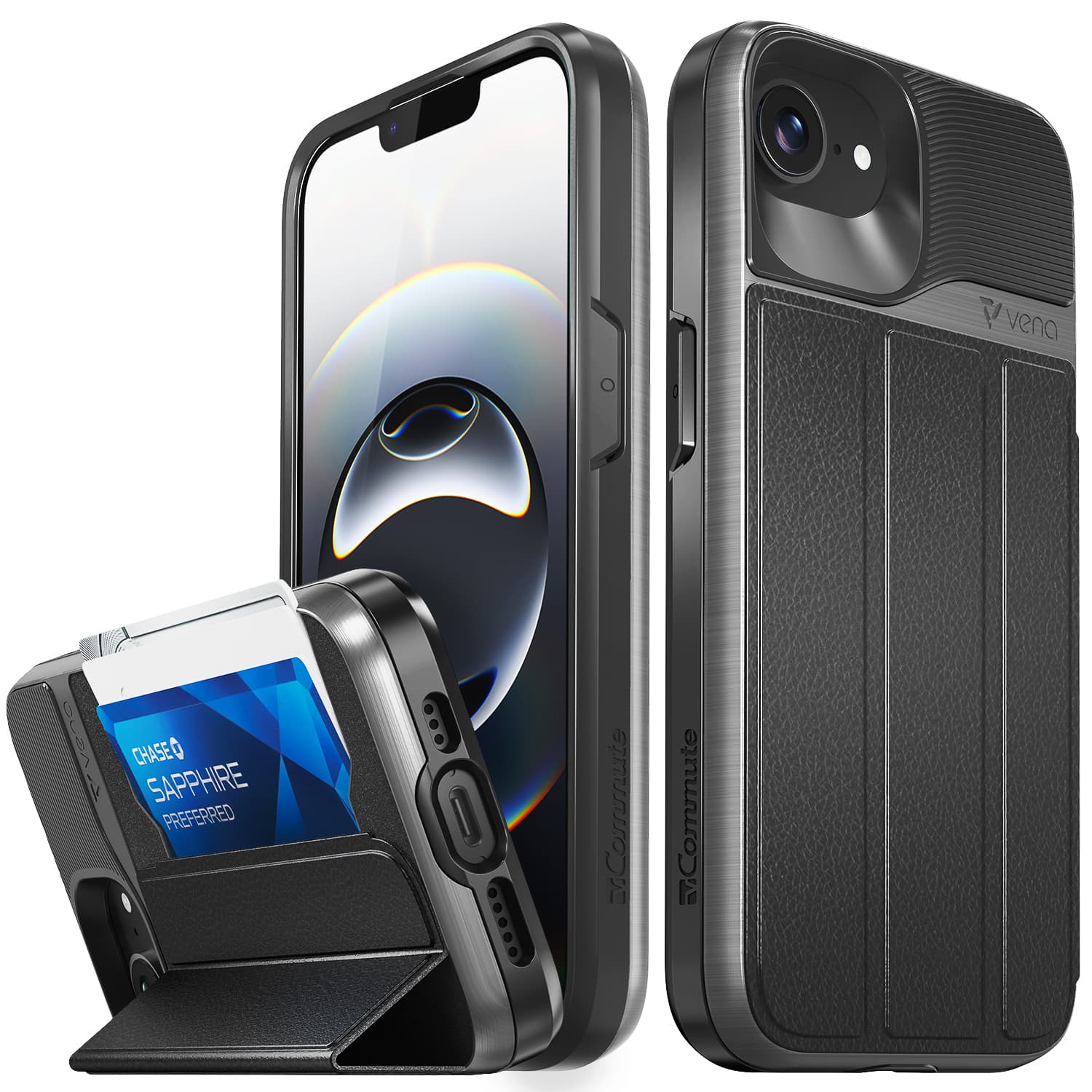 Vena - vCommute for Apple iPhone 16e Case, Wallet Case, Leather Flip Cover with Card Slot and Kickstand, [Military Grade ] - Gray