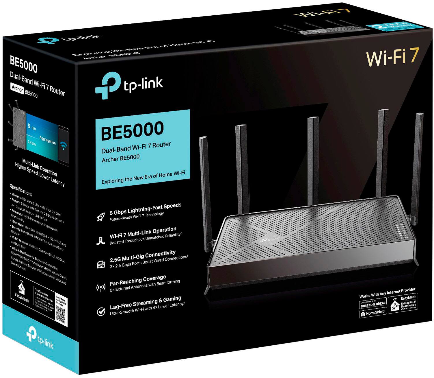 The text on the image is already grouped and corrected. It reads:

"Introducing the New Era of Home Wi-Fi with the tp-link BE5000 Wi-Fi 7 Router. Dual-Band Archer BE5000 of Home Wi-Fi. Exploring Lightning-Fast Speeds with WI-FI 7 Technology. Future-Ready Multi-Link Operation. Unmatched Boosted Multi-Gig Connectivity. Connectional 2.5G Boost. Wired 2.5 Gbps Ports. 2x Far-Reaching Coverage with Beamforming External Antennas. 5x Streaming & Gaming Lag-Free. 4e Lower Latency. WI-FI with Ultra-Smooth Internet Provider With Any Works Easy Mesh. Alexa & Google Home Compatible. Extend Mesh with Amazon eero."
