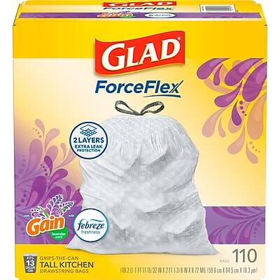 GLAD ForceFlex  
2 Layers Extra Leak Protection  
Gain Febreze Freshness  
Grips-the-Can  
13 Tall Kitchen Drawstring Bags  
110 Bags  
432L (110 in³)  
18.3 cm x 64.5 cm x 59.6 cm