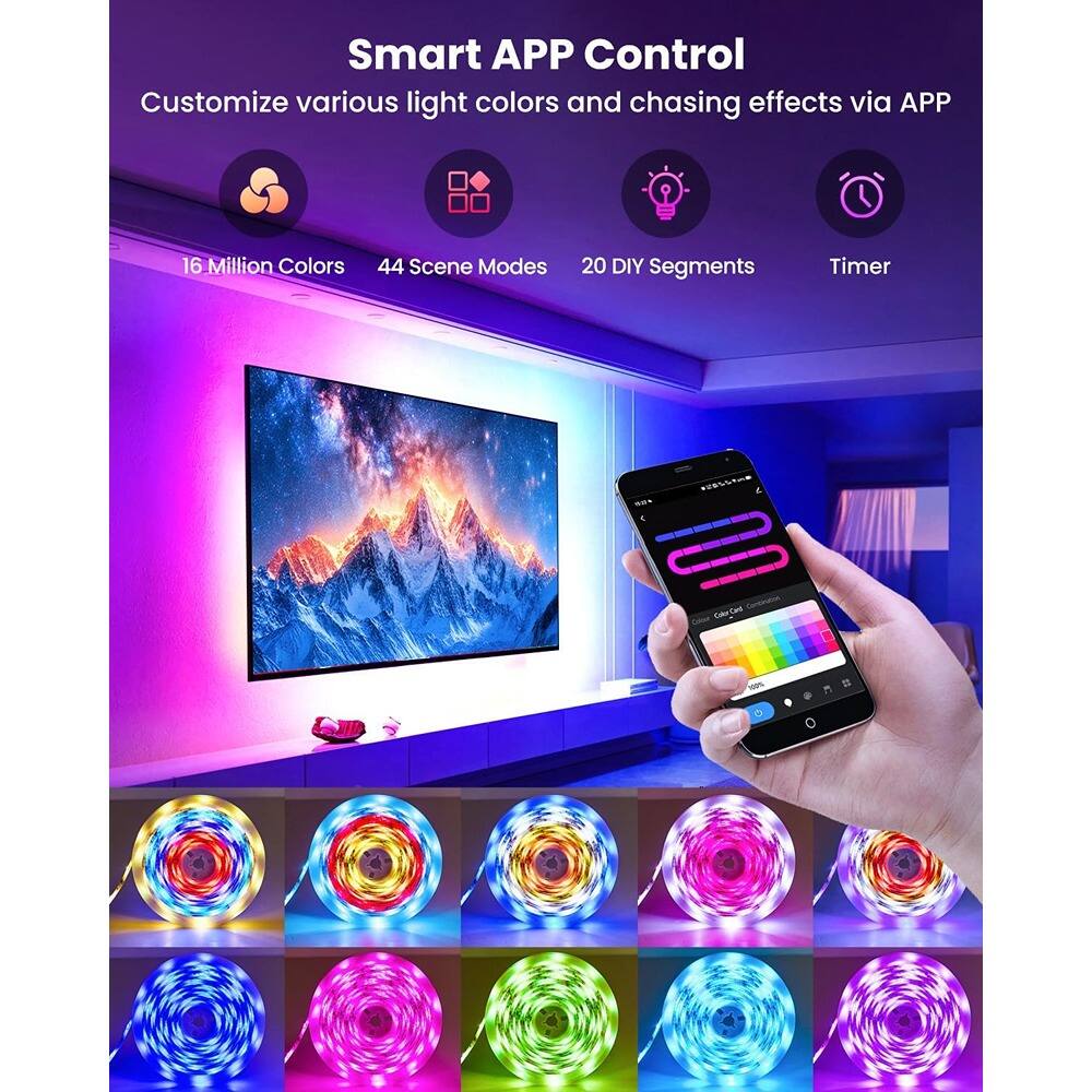 Smart APP Control  
Customize various light colors and chasing effects via APP  

16 Million Colors  
44 Scene Modes  
20 DIY Segments  
Timer