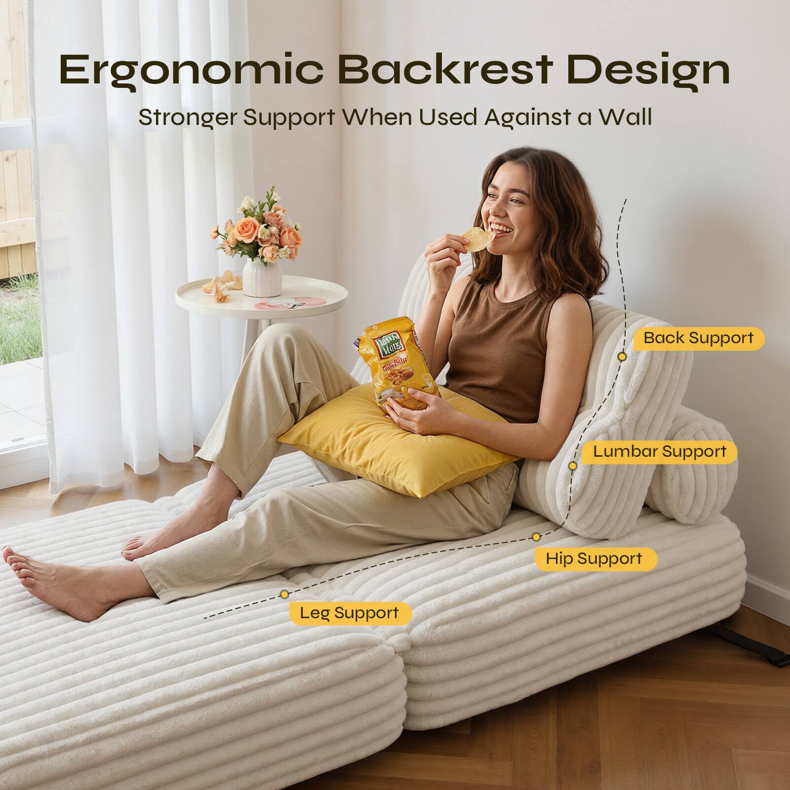 Ergonomic Backrest Design  
Stronger Support When Used Against a Wall  

- Back Support  
- Lumbar Support  
- Hip Support  
- Leg Support
