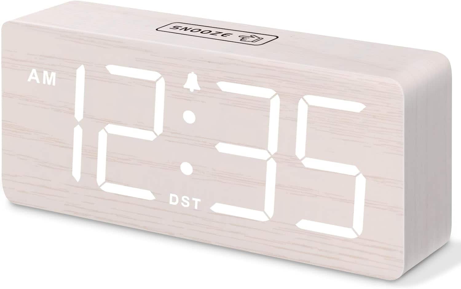 Vulpecula Spade - Wooden Digital Alarm Clock for Bedroom - Desk Clock for Living Room with Large Numbers, Dimmer - White