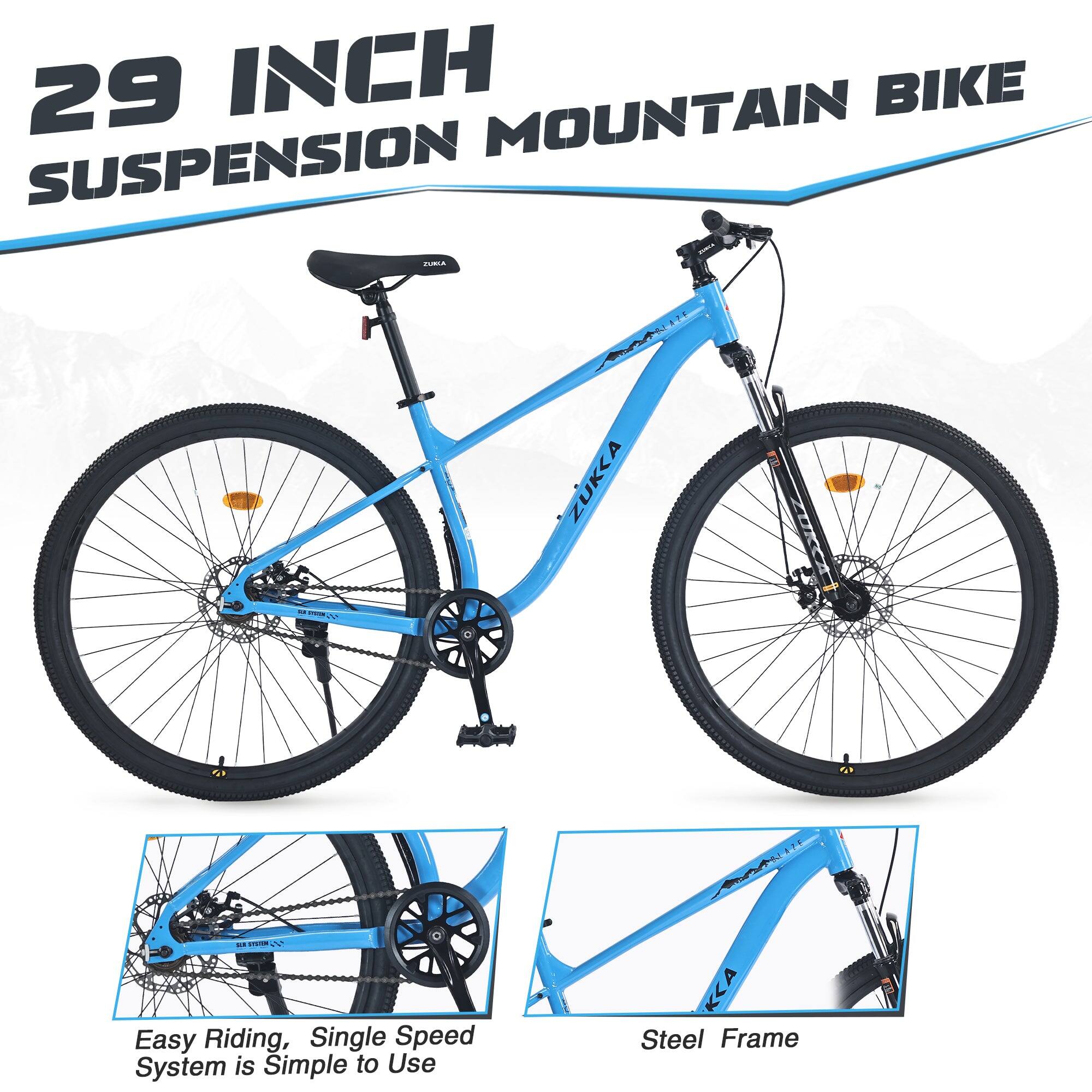 29 INCH SUSPENSION MOUNTAIN BIKE

- Easy Riding, Single Speed System is Simple to Use
- Steel Frame