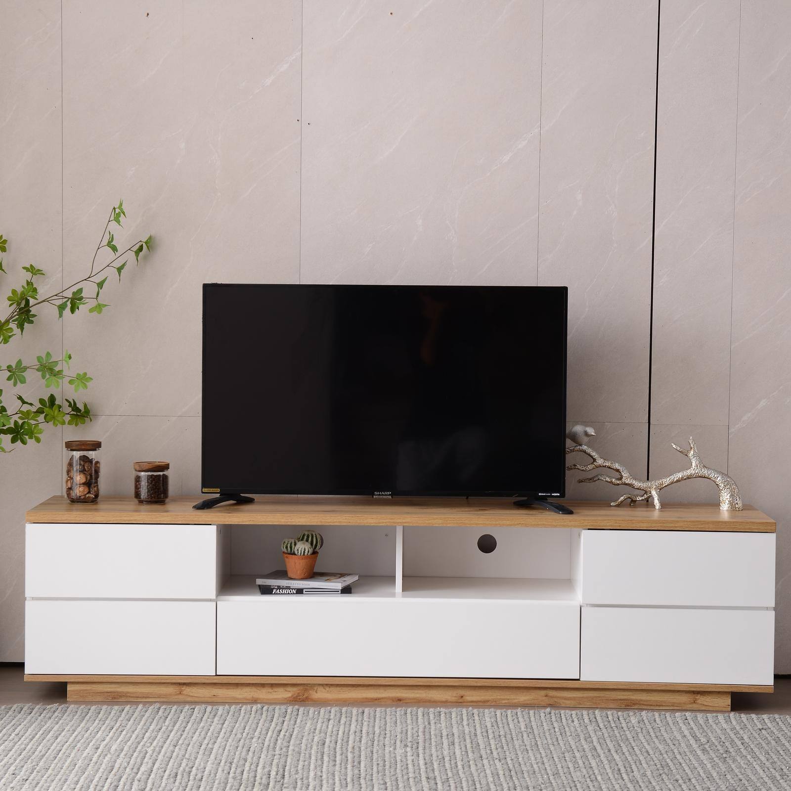Front. Spaco - Spaco Modern TV Stand for 80" TV,Media Console with Door Rebound Device and Storage for Living Room Entertainment Center - White+Natural.