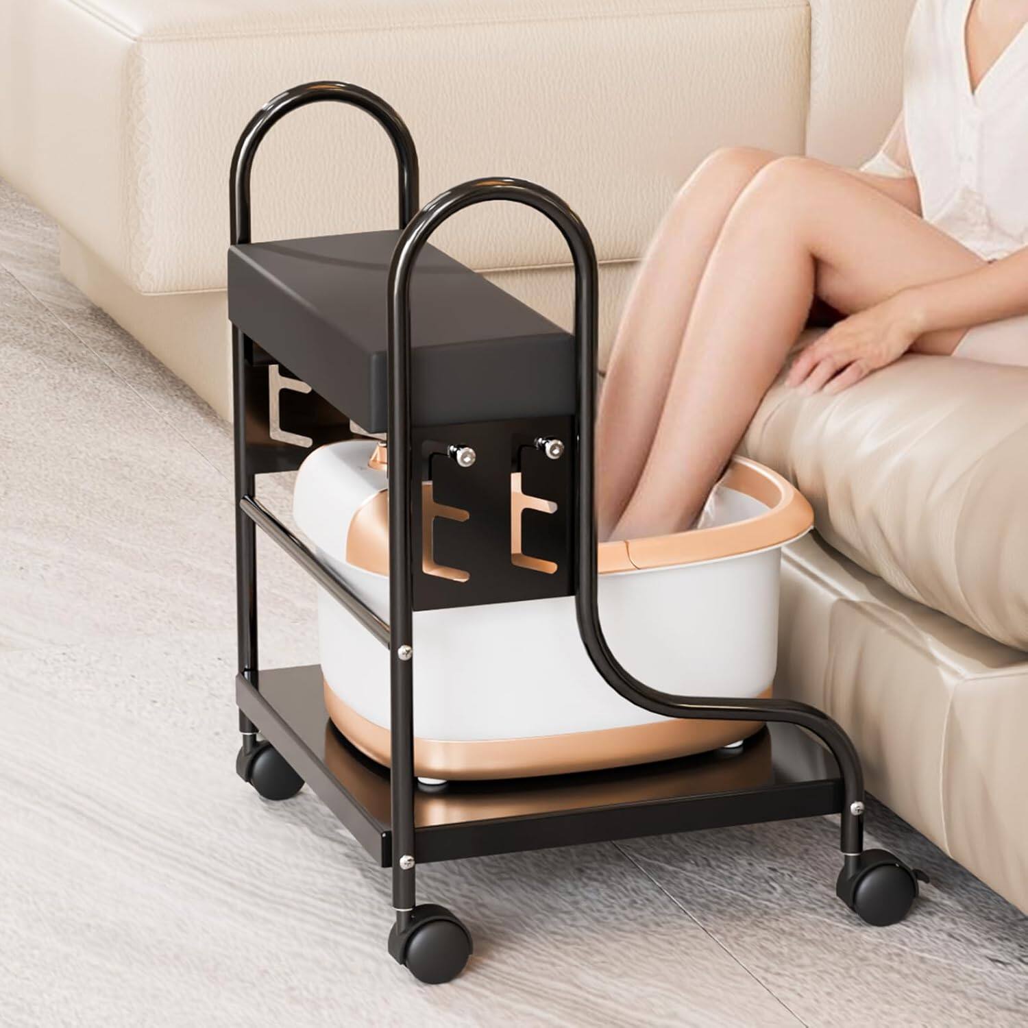 Angle. Winado - Pedicure Cart Foot Bath Trolley, Adjustable Height Salon Trolley with PU Cushion for Manicure & Foot Massage, Beauty Spa - Black.