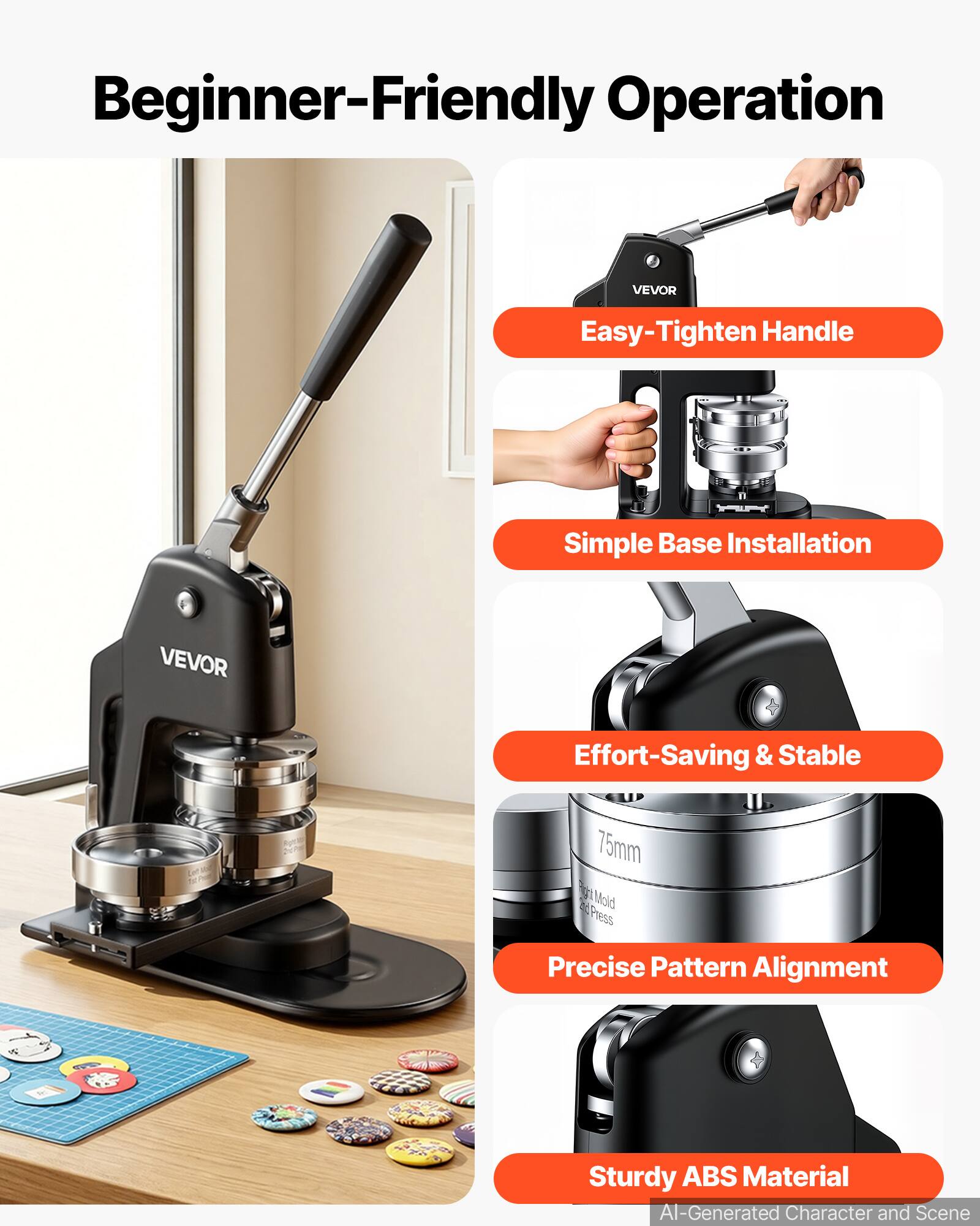 Beginner-Friendly Operation

VEVOR Easy-Tighten Handle

Simple Base Installation

VEVOR Effort-Saving & Stable

75mm

Precise Pattern Alignment

Sturdy ABS Material

AI-Generated Character and Scene