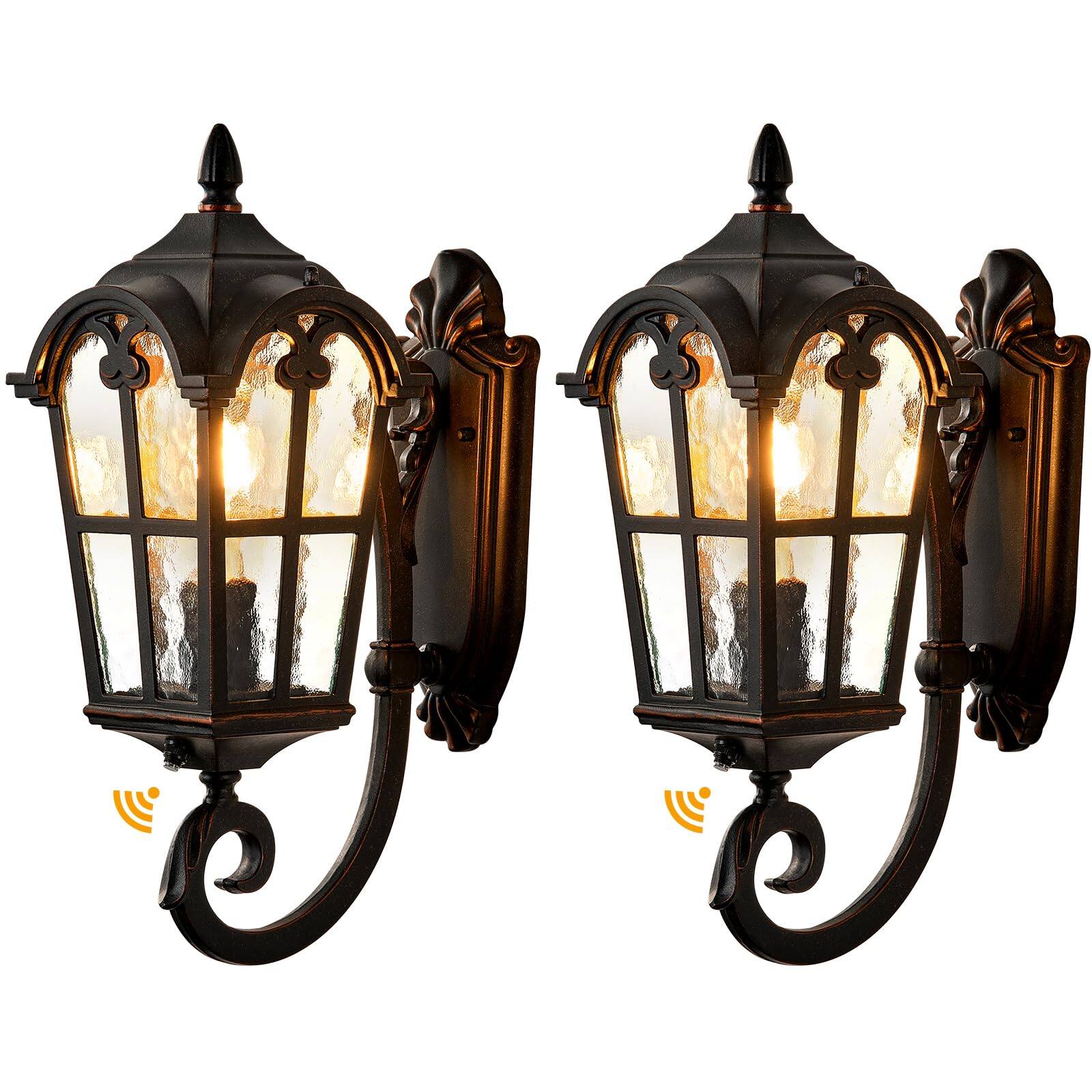 VEGA AUTOMOTIVE - Outdoor Wall Light 16 9 Dusk To Dawn Lighting With Trim Outside Fixtures Mount Tempered Water Ripple Glass - Vintage ORB(Gold Trim) Up 2-Pack